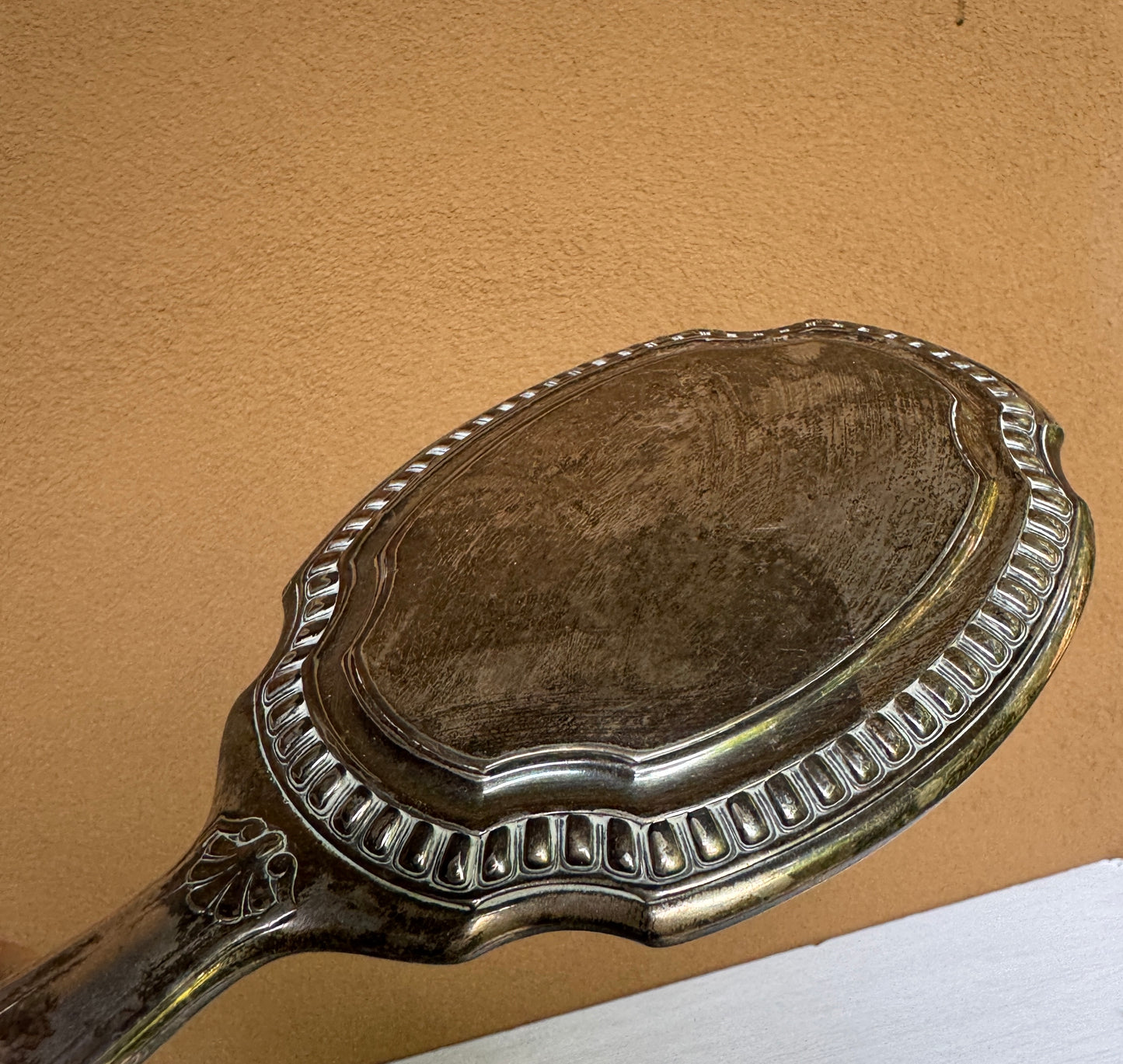 Antique French Hand Mirror with Cracked Glass and Ornate Handle