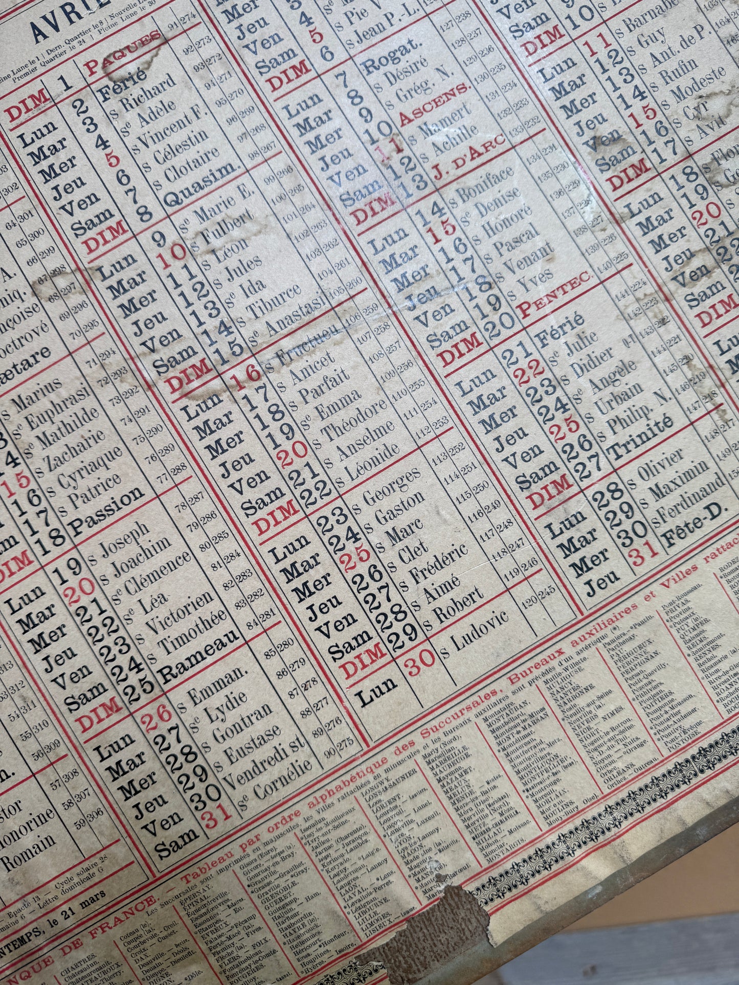 Antique 1923 French Calendar | Imprimerie Burlet Paris | Ephemera Wall Chart