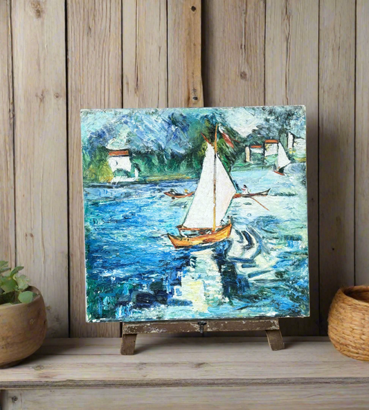 Vintage French Sailboat Painting Impressionist Coastal Scene on Board- Blue and White