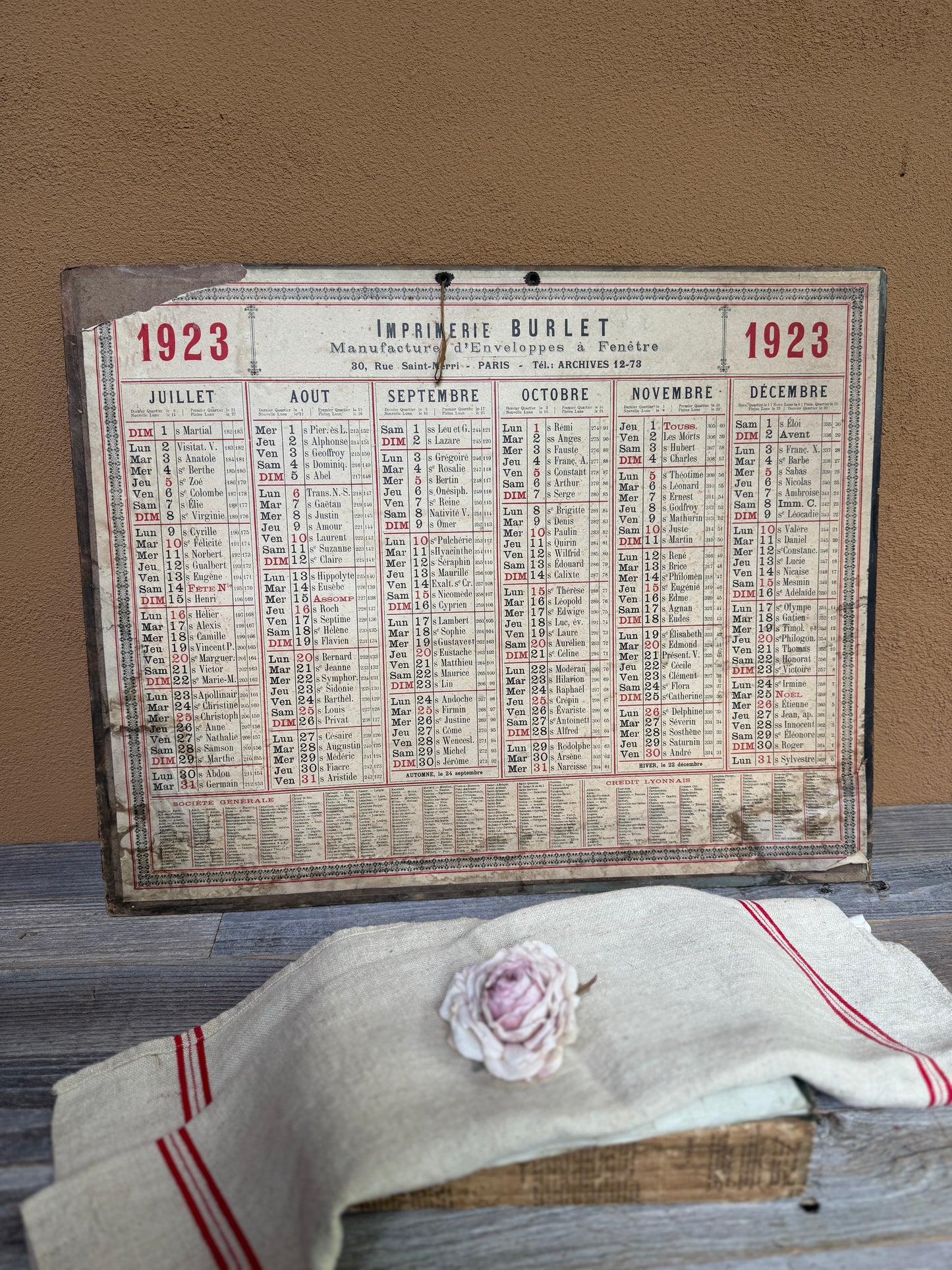 Antique 1923 French Calendar | Imprimerie Burlet Paris | Ephemera Wall Chart