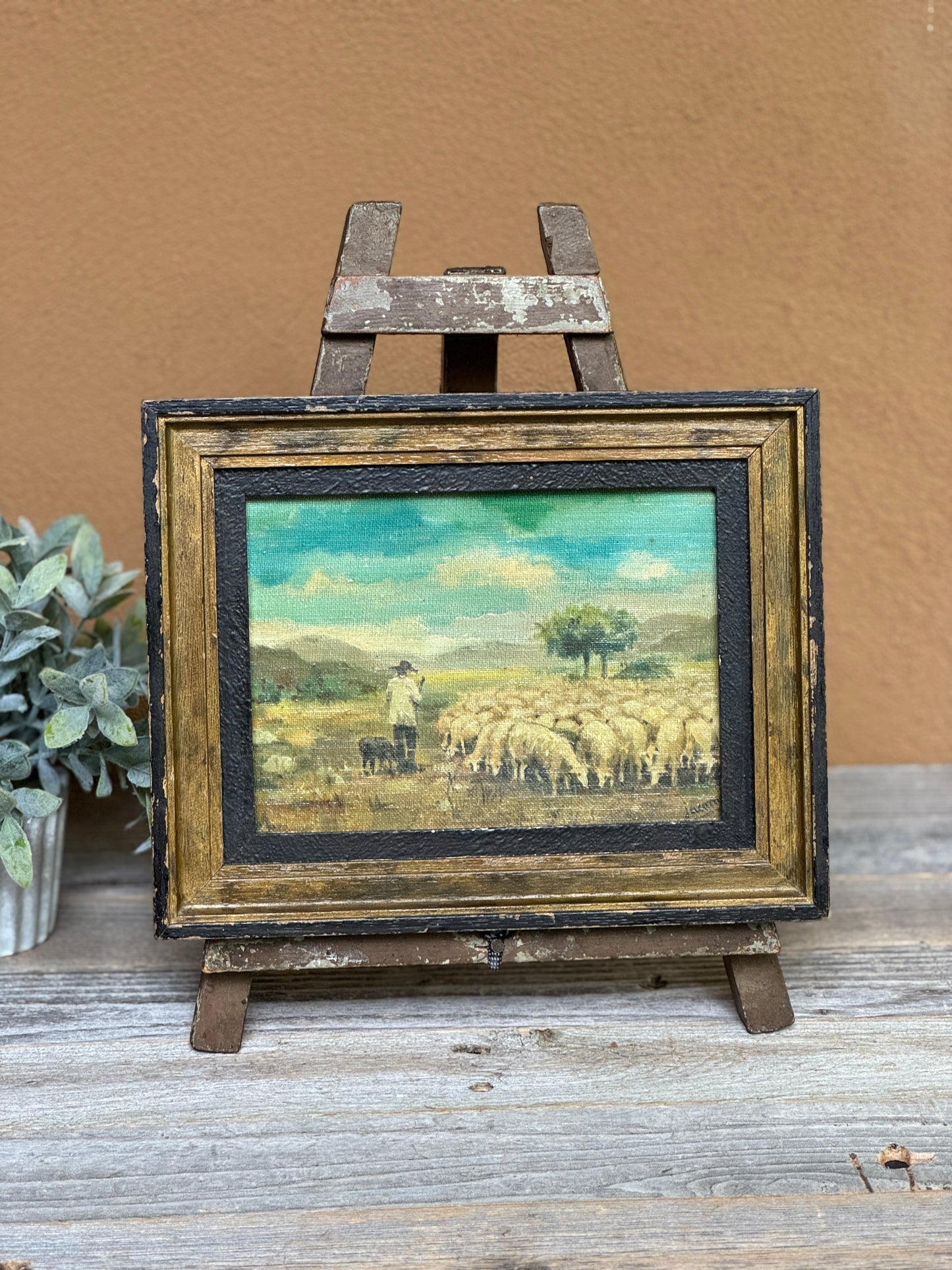 Vintage French Pastoral Painting with Sheep and Shepherd- Signed Painting
