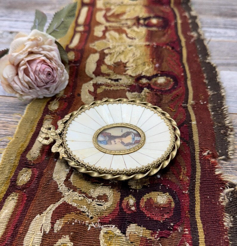 Antique French Hand-Painted Portrait in Oval Bone Frame