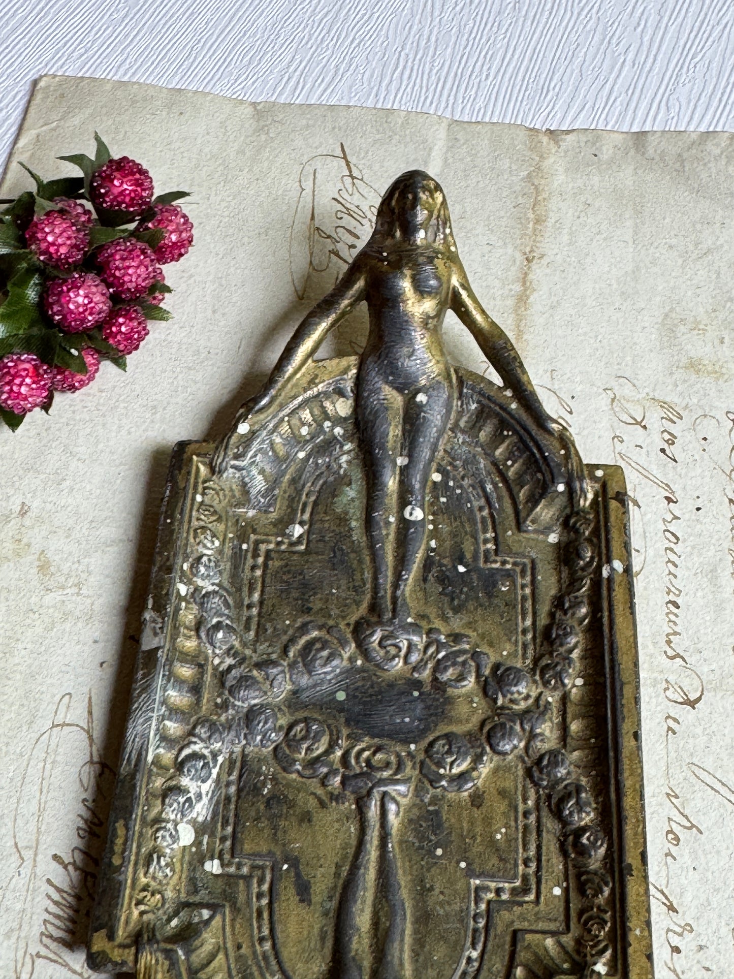Art Nouveau Brass Nude Lady figural Tray- Vintage French Trinket Dish
