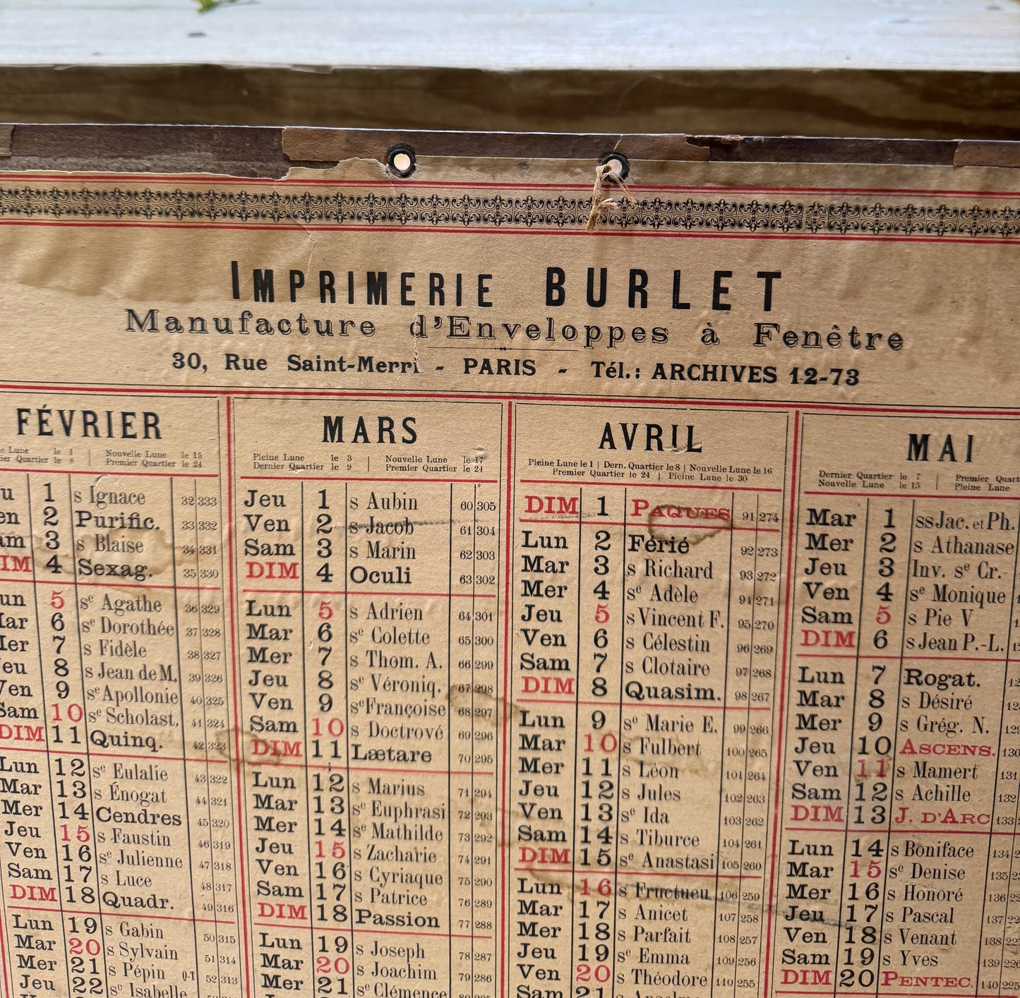 Antique 1923 French Calendar | Imprimerie Burlet Paris | Ephemera Wall Chart