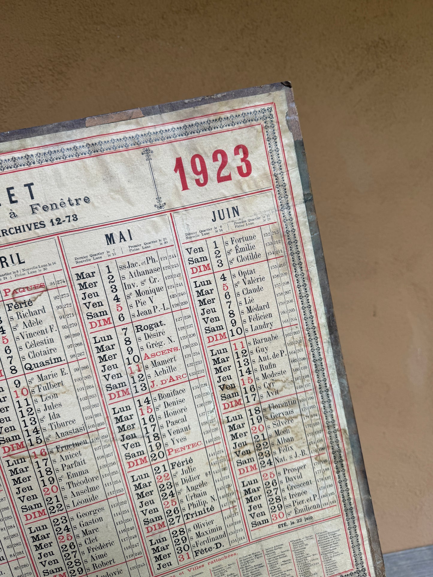 Antique 1923 French Calendar | Imprimerie Burlet Paris | Ephemera Wall Chart