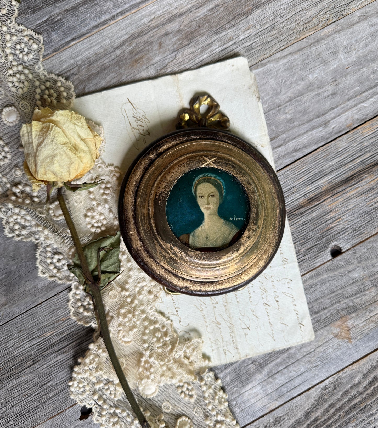 Miniature French Portrait in Gilded Gold Round Frame