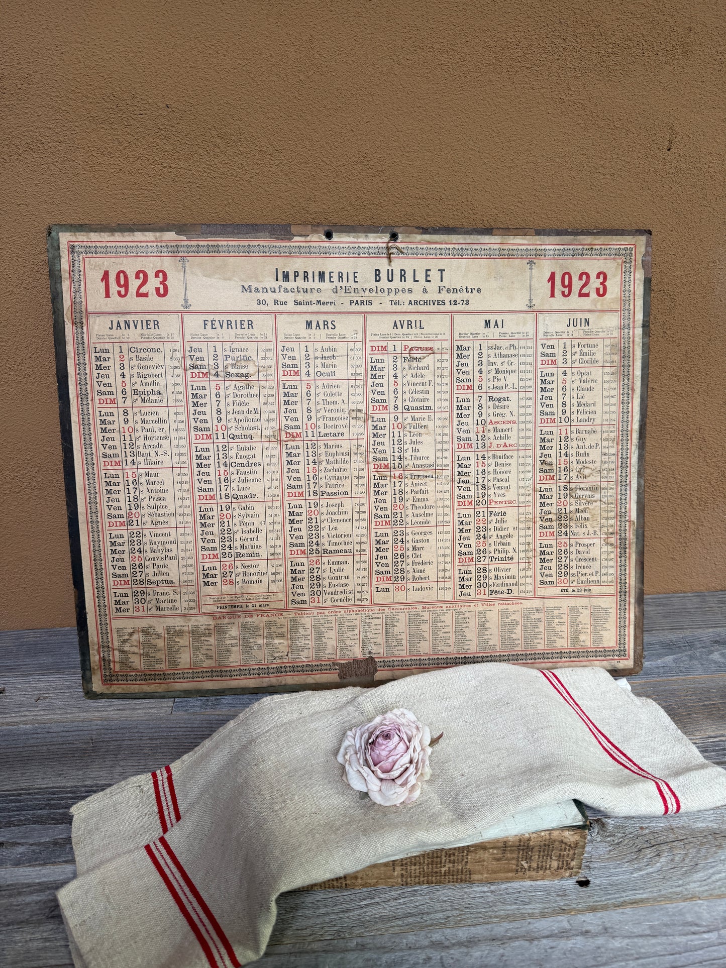 Antique 1923 French Calendar | Imprimerie Burlet Paris | Ephemera Wall Chart