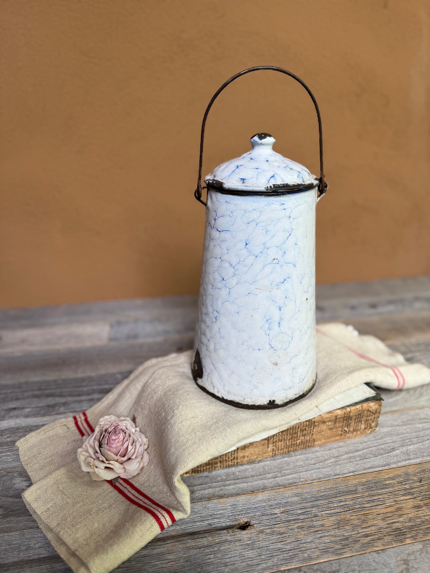 Antique French Graniteware Pot | White & Blue Enamel Canister with Lid and Handle
