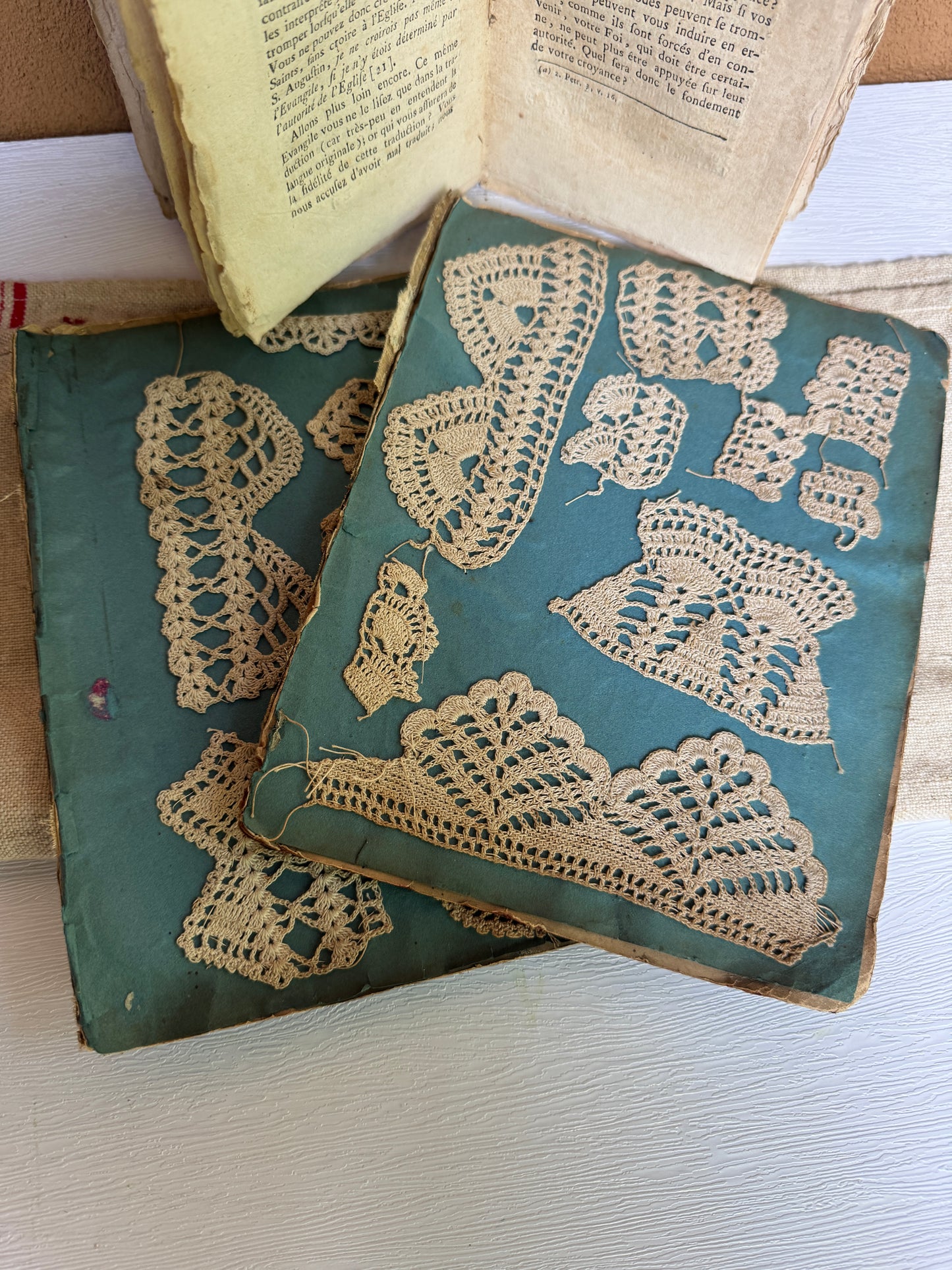 Original Antique French Lace Samples on 19th c. Book Covers