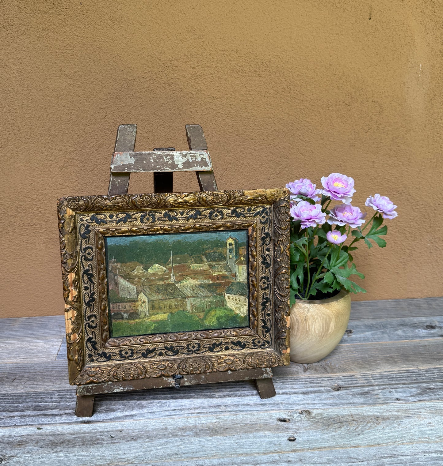 French Village Oil Painting on Metal Panel Ornate Frame