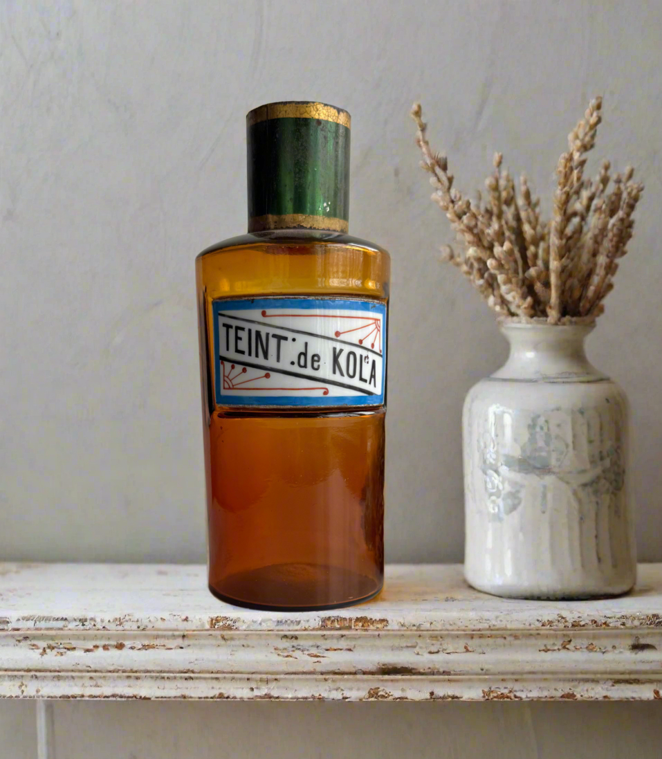 Antique French Apothecary Bottle, Amber Colored Glass, Porcelain Label