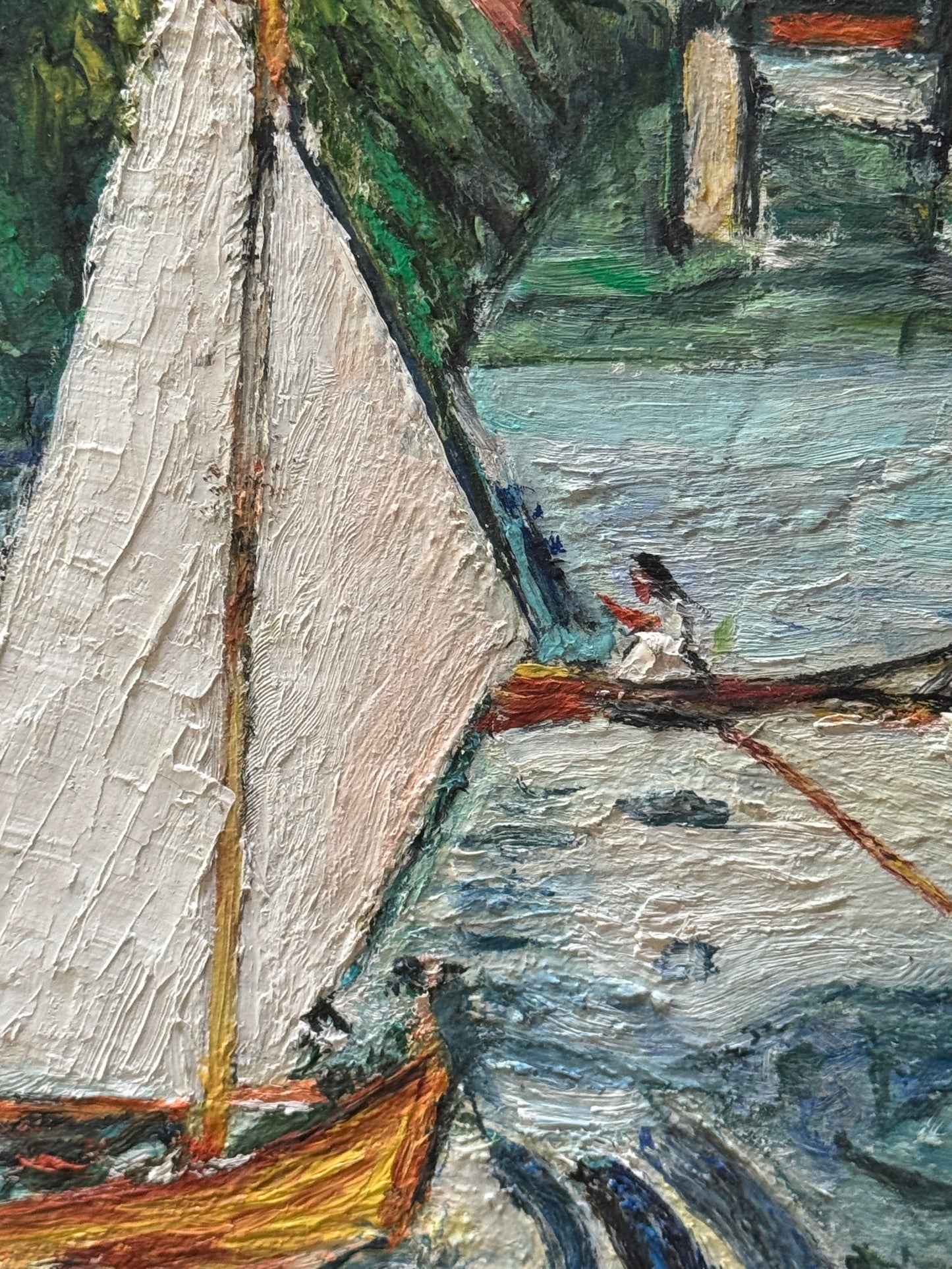 Vintage French Sailboat Painting Impressionist Coastal Scene on Board- Blue and White