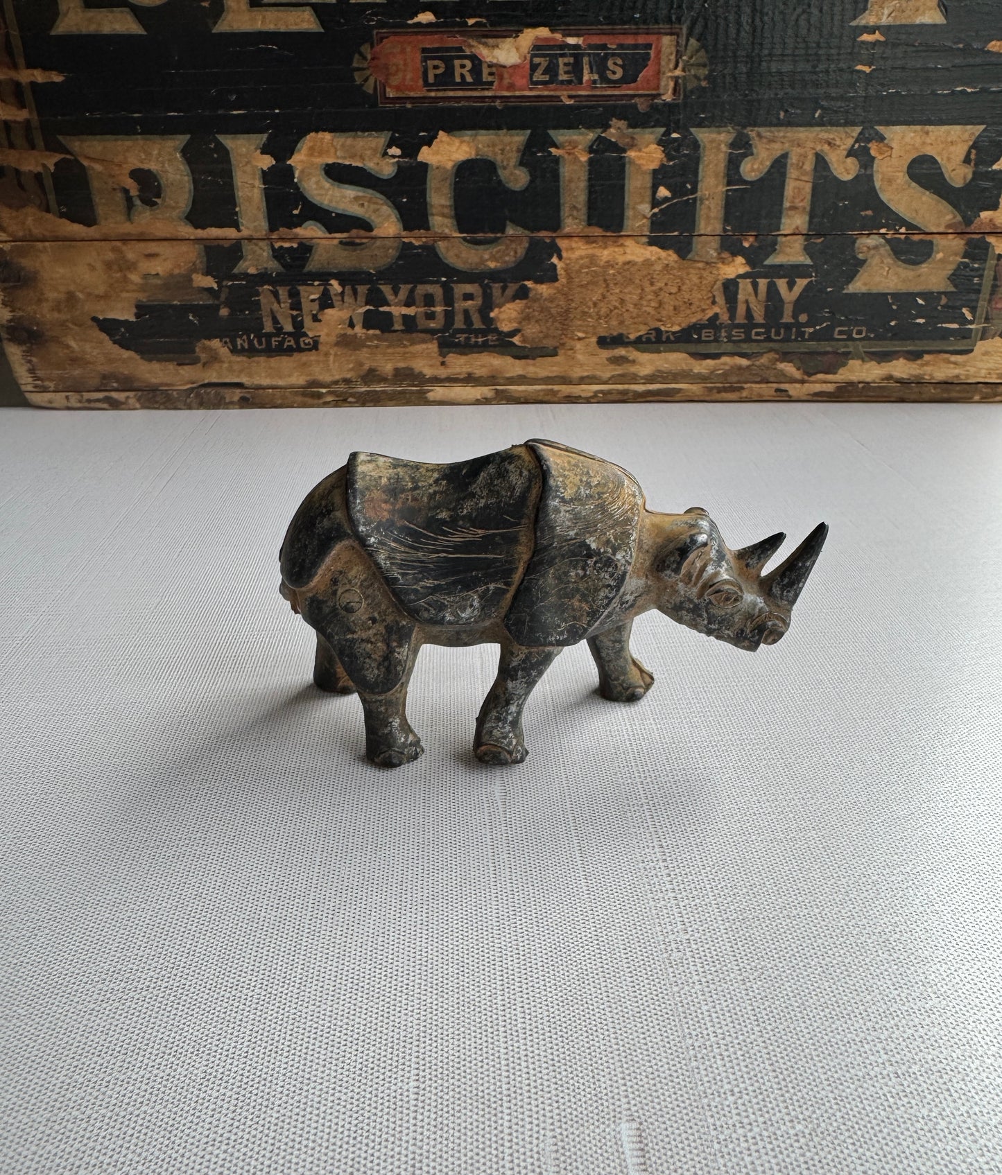 Antique Rhinoceros Figurine, Metal Worn Patina