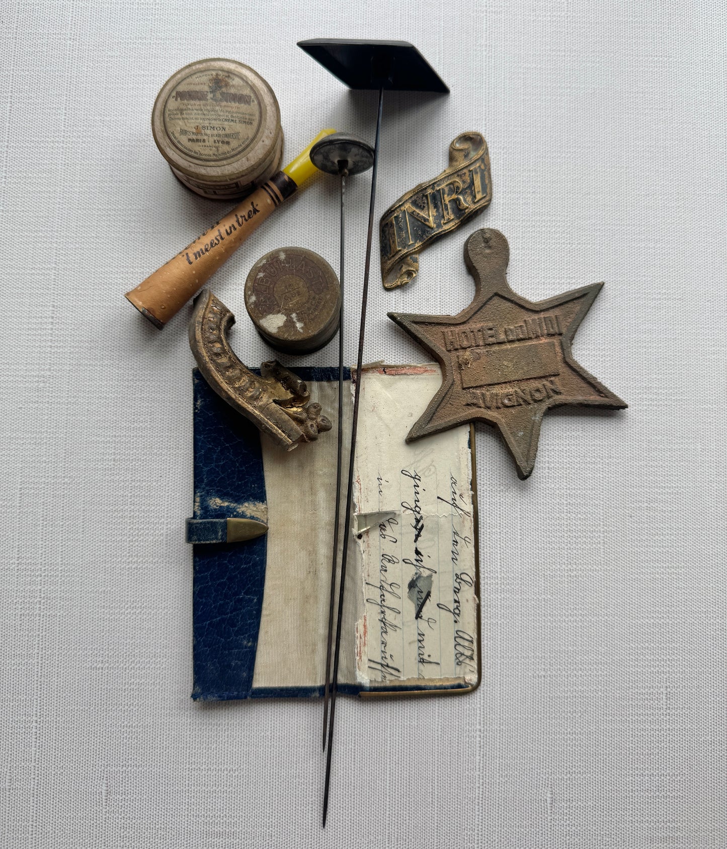 Antique French Ephemera & Curio Lot, Hotel Tag, Hat Pins, Leather Booklet, Tins & More