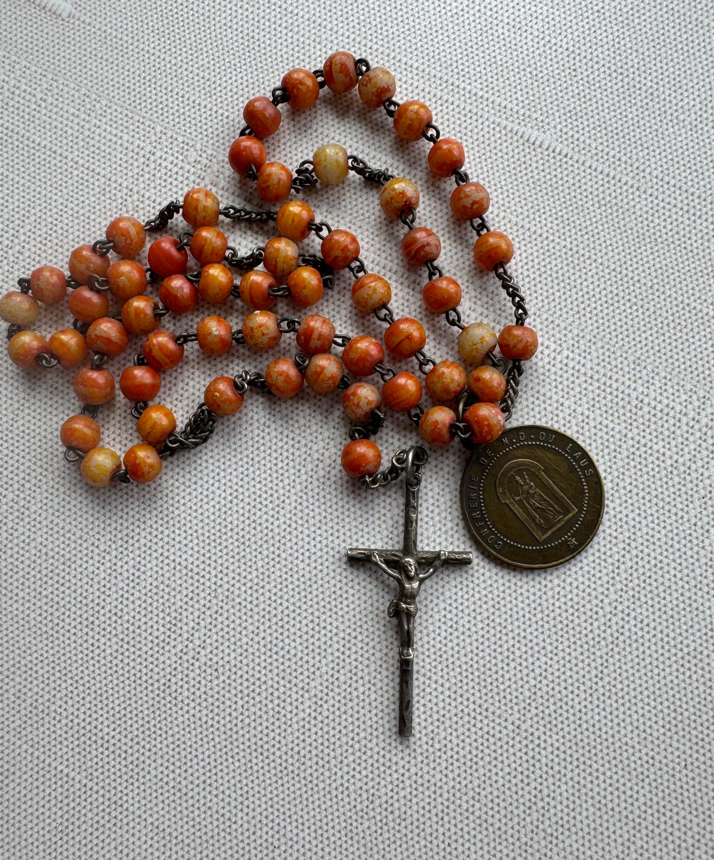 Antique French Rosary with Coral Colored Beads & Medal