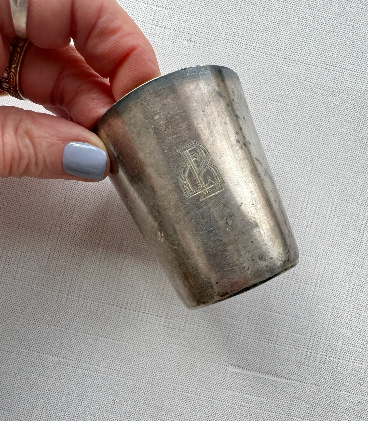 Antique French Silver Plated Baby Cup with Engraved Child and Monogram, Hallmarks