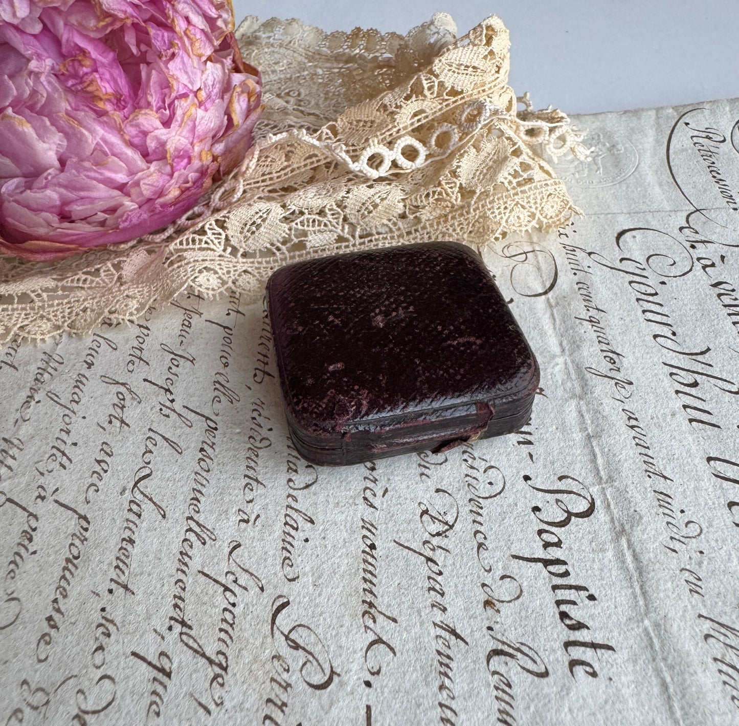 Antique French Jewelry Presentation Box, Burgundy Velvet & Leather Case