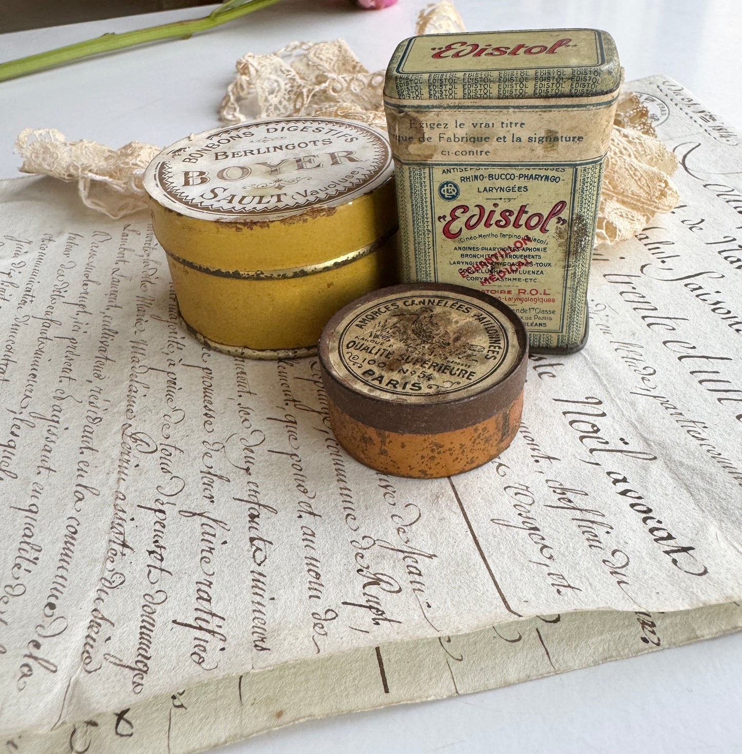 Antique French Tins, Set of 3 Apothecary Collectibles