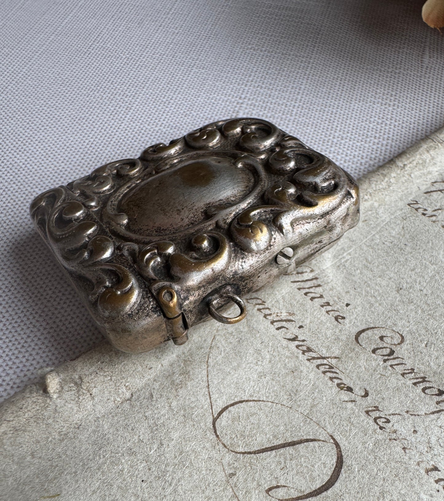 Antique Match Vesta, French Silver Plated Repousse Match Case, Edwardian Chatelaine Match Holder