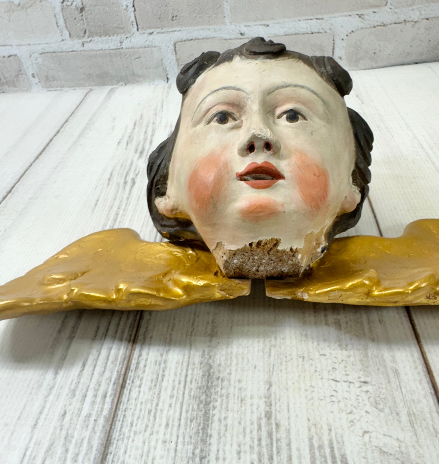 Hand-Carved Cherub Head with Gilded Wings, French Antique