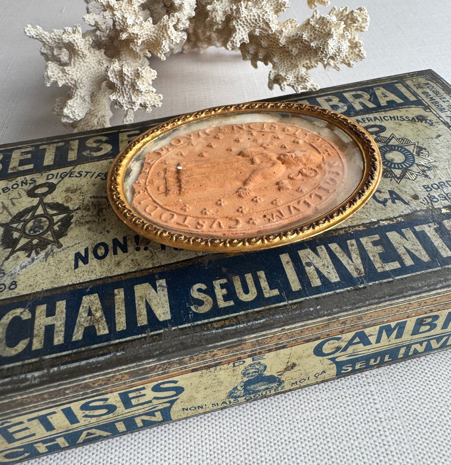 Antique Ecclesiastical Seal Impression in Gilded Oval Frame