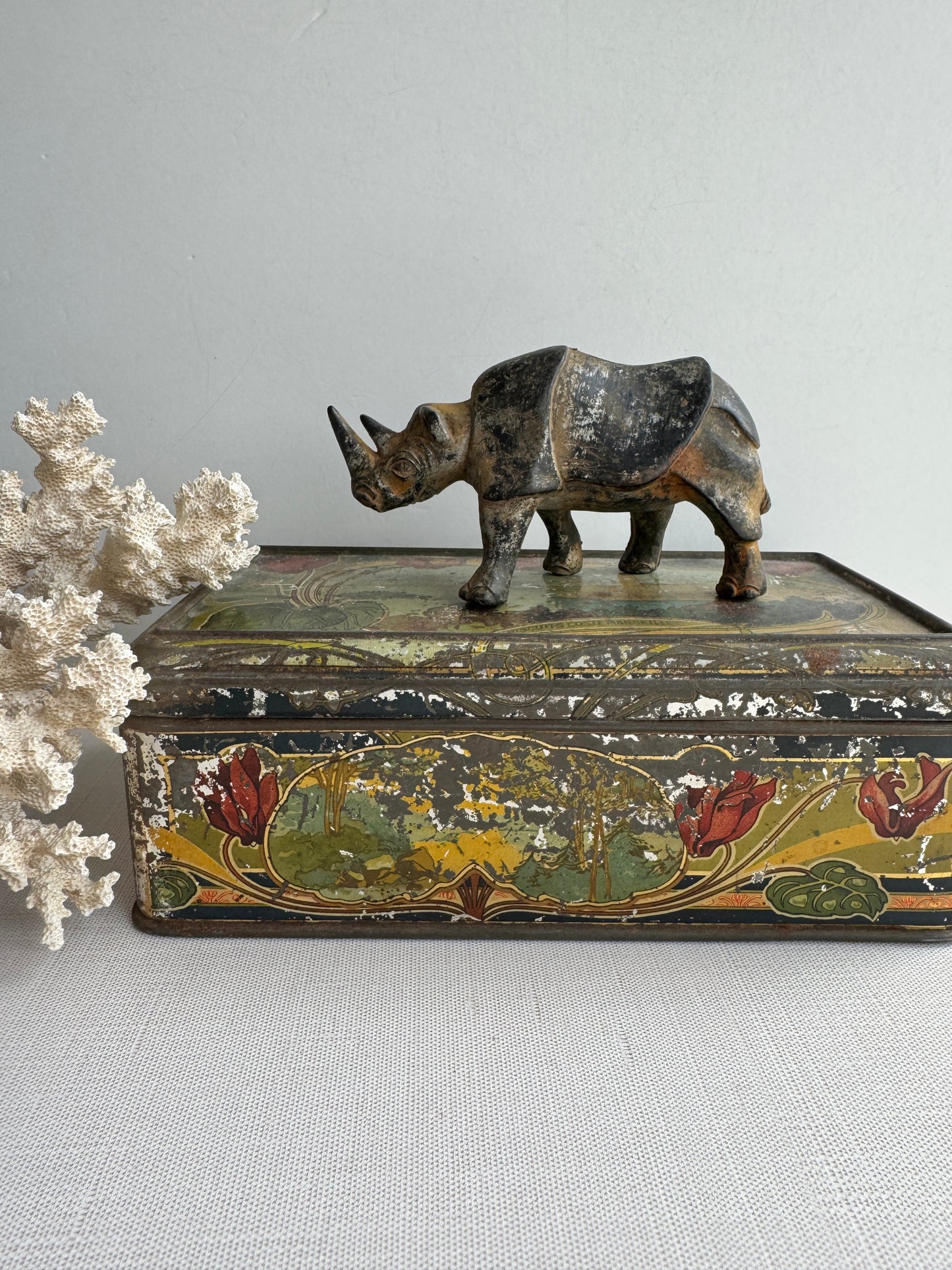Antique Rhinoceros Figurine, Metal Worn Patina