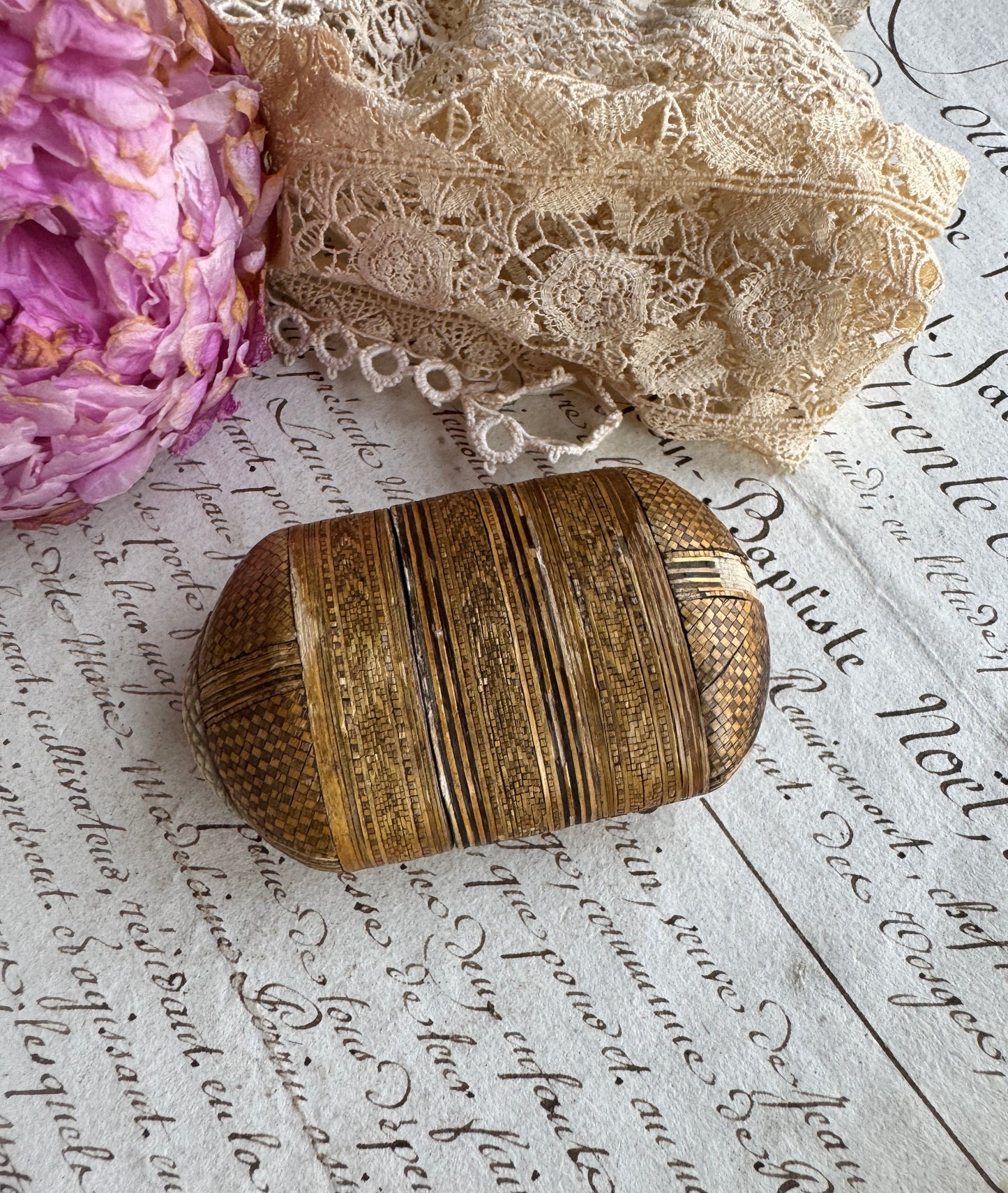 Antique Straw Work Match Vesta Case with Bone Striker- Early 19th Century France