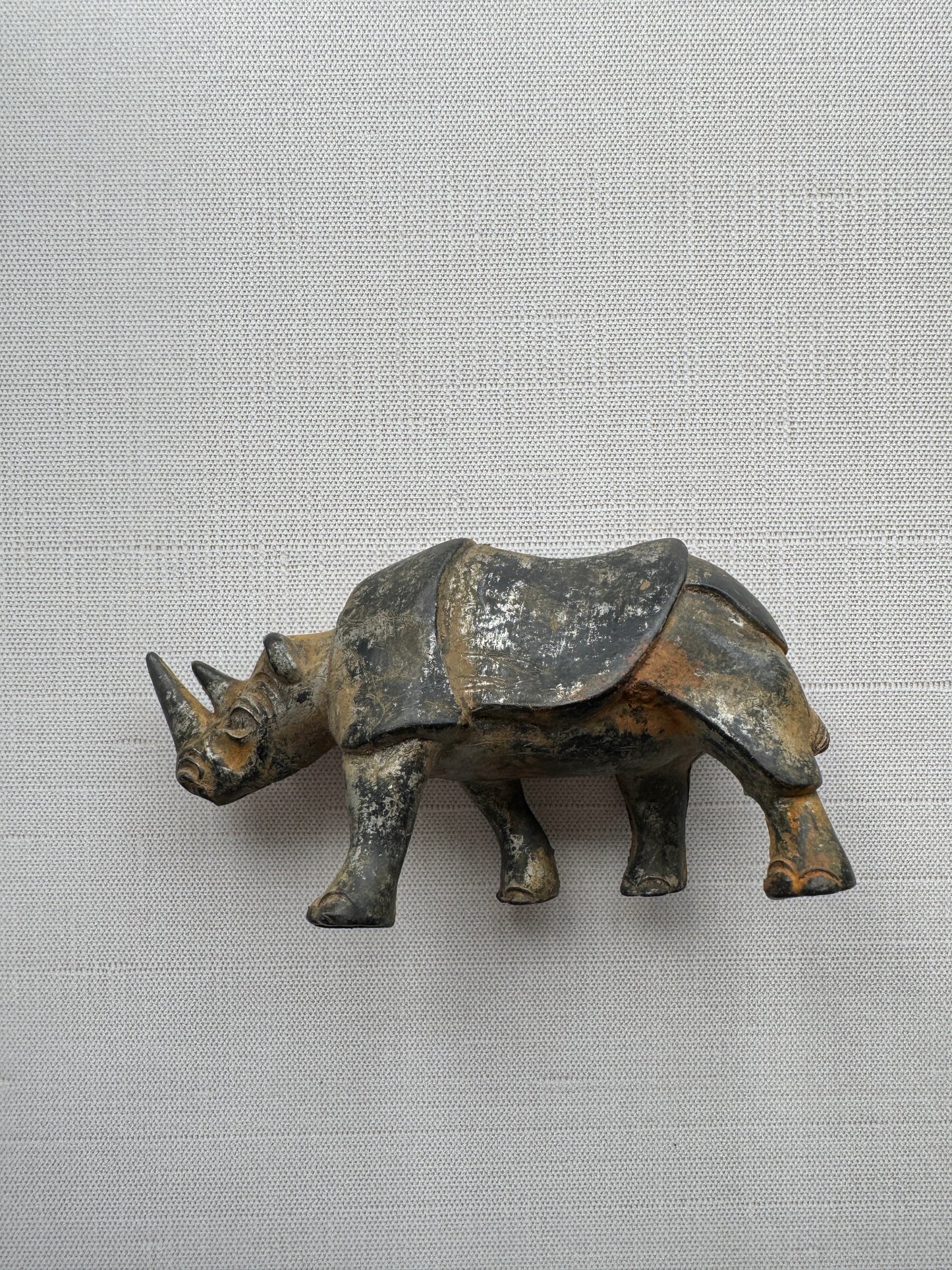 Antique Rhinoceros Figurine, Metal Worn Patina