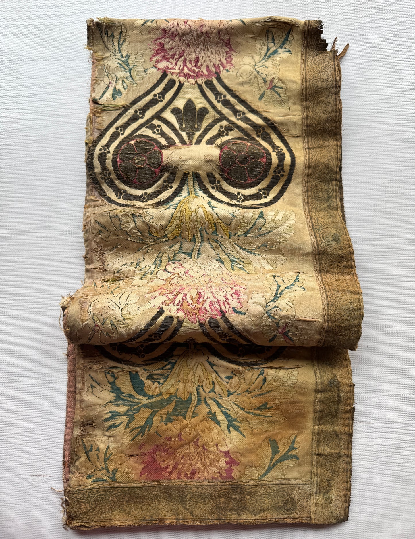 Antique French Silk Brocade Fabric Panel with Floral Gothic Motif