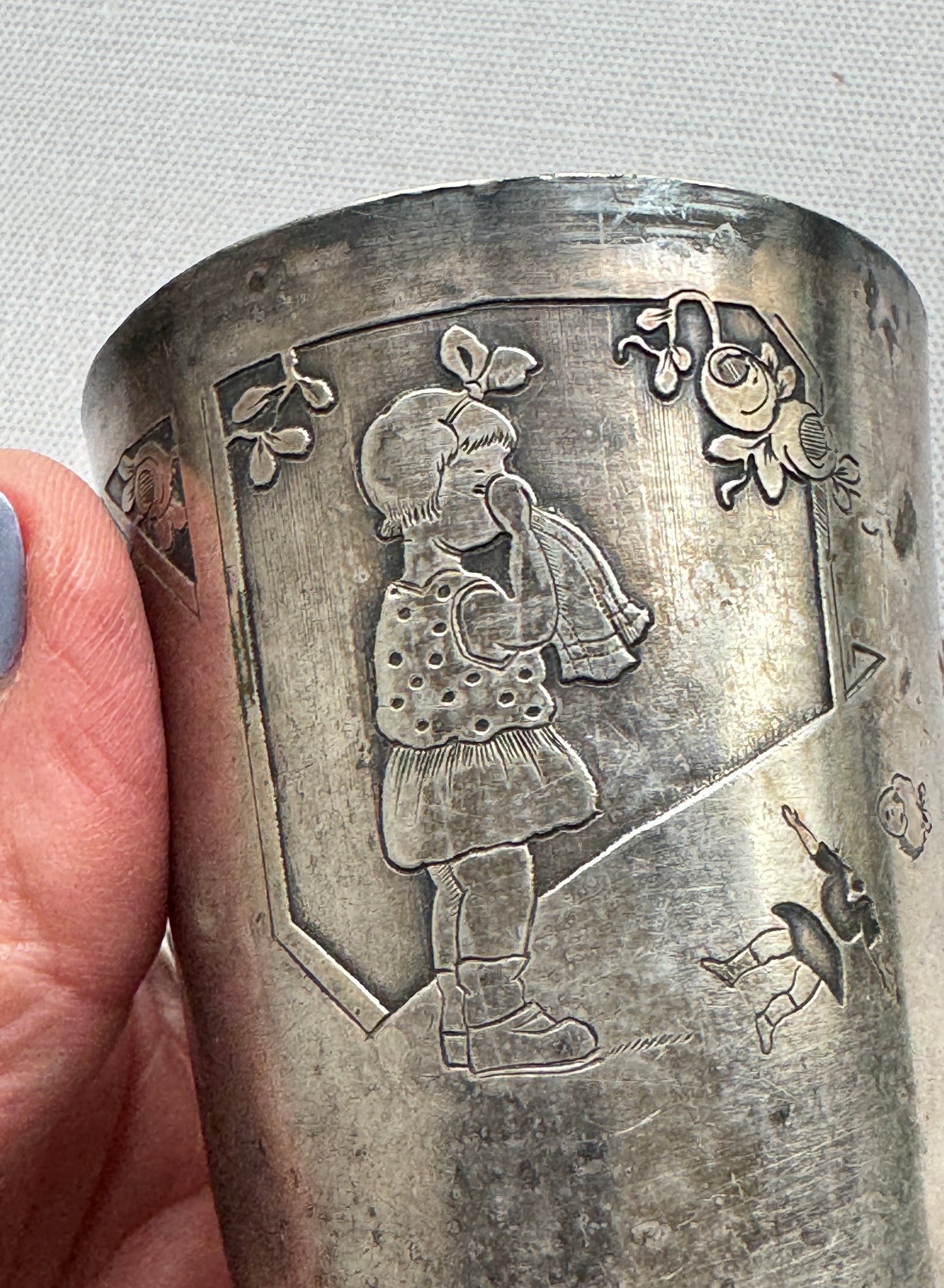 Antique French Silver Plated Baby Cup with Engraved Child and Monogram, Hallmarks