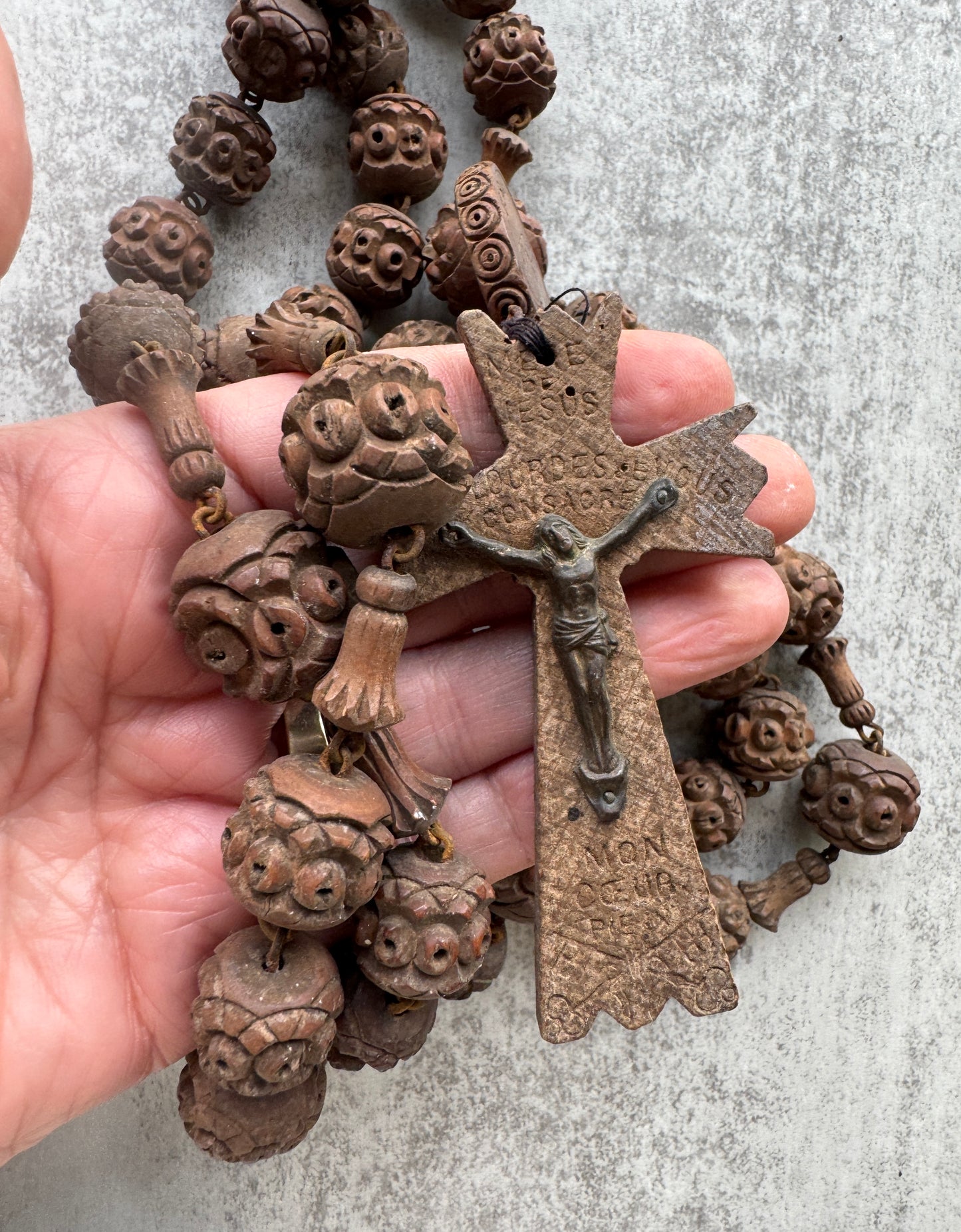 Antique French Carved Wood Beads from Lourdes, Large Oversized, Nuns Rosary