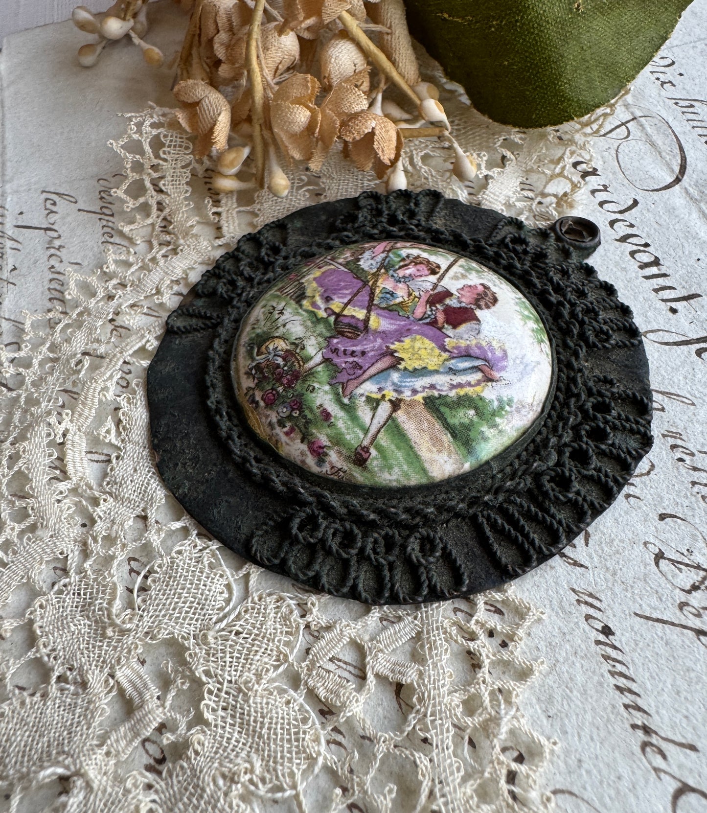 Antique French Pendant with Printed Porcelain Cabochon – Romantic Courting Couple