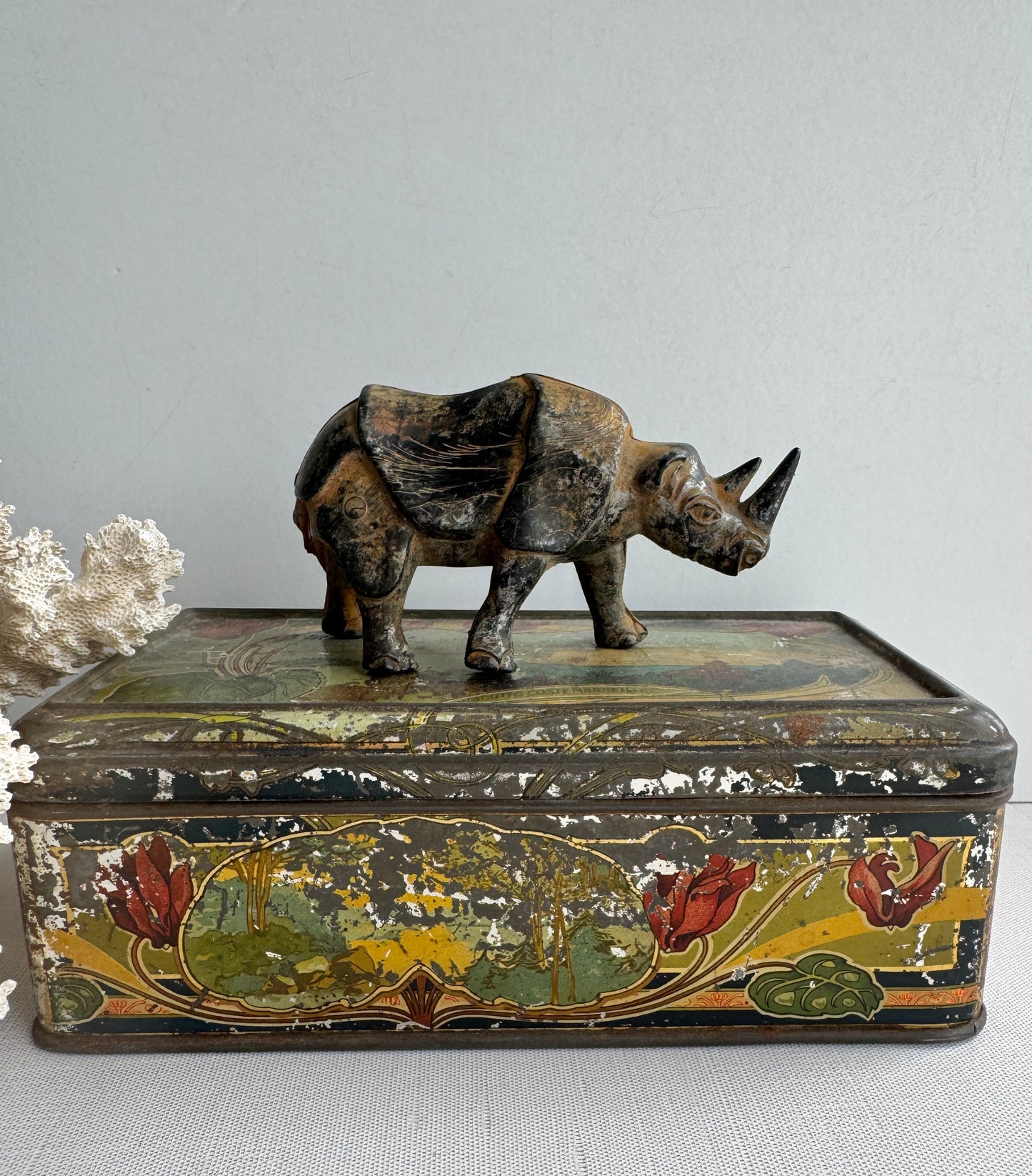 Antique Rhinoceros Figurine, Metal Worn Patina