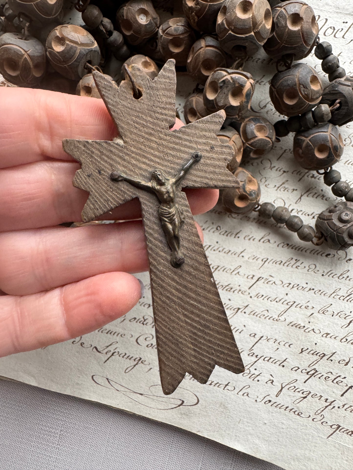 Antique French Carved Wooden Rosary, Oversized Beads & Crucifix