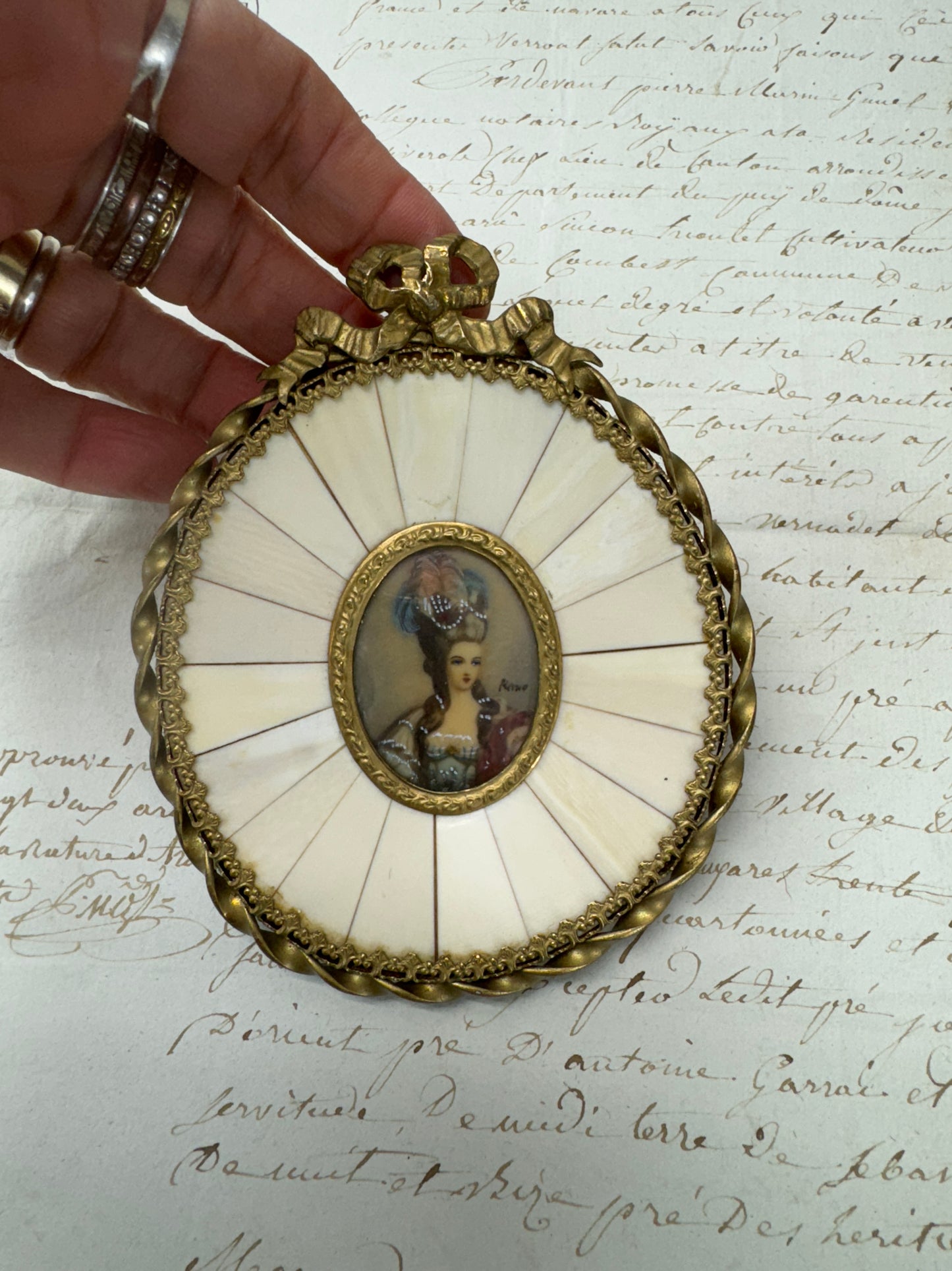 Antique French Hand-Painted Portrait in Oval Bone Frame