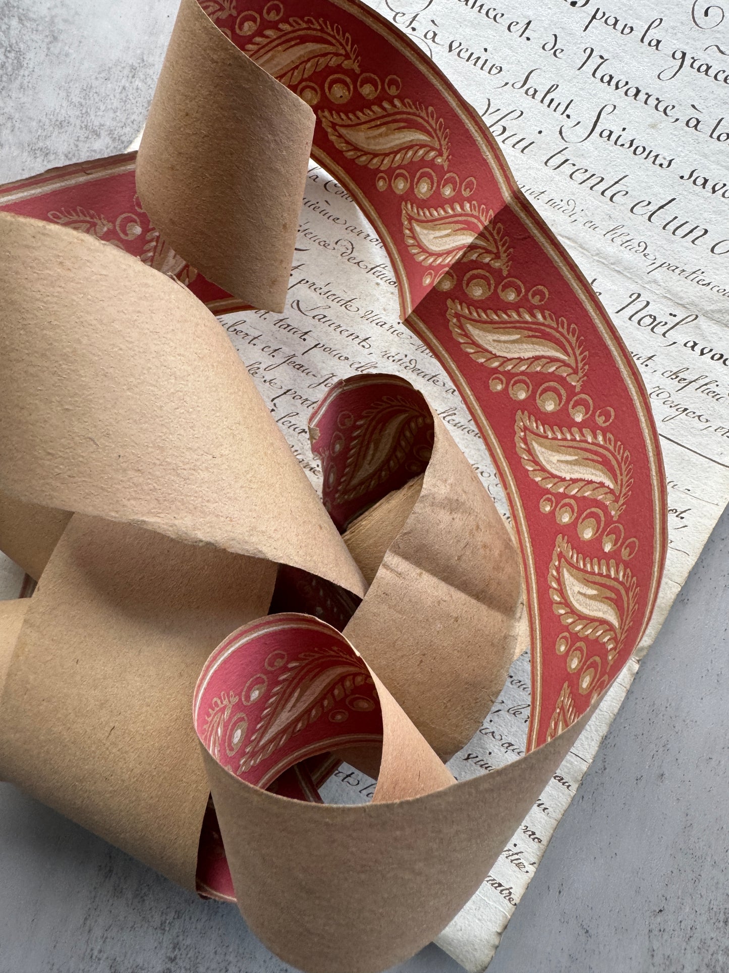 Antique French Hand, Blocked Wallpaper Border, 1800's Red & Gold Paisley Trim