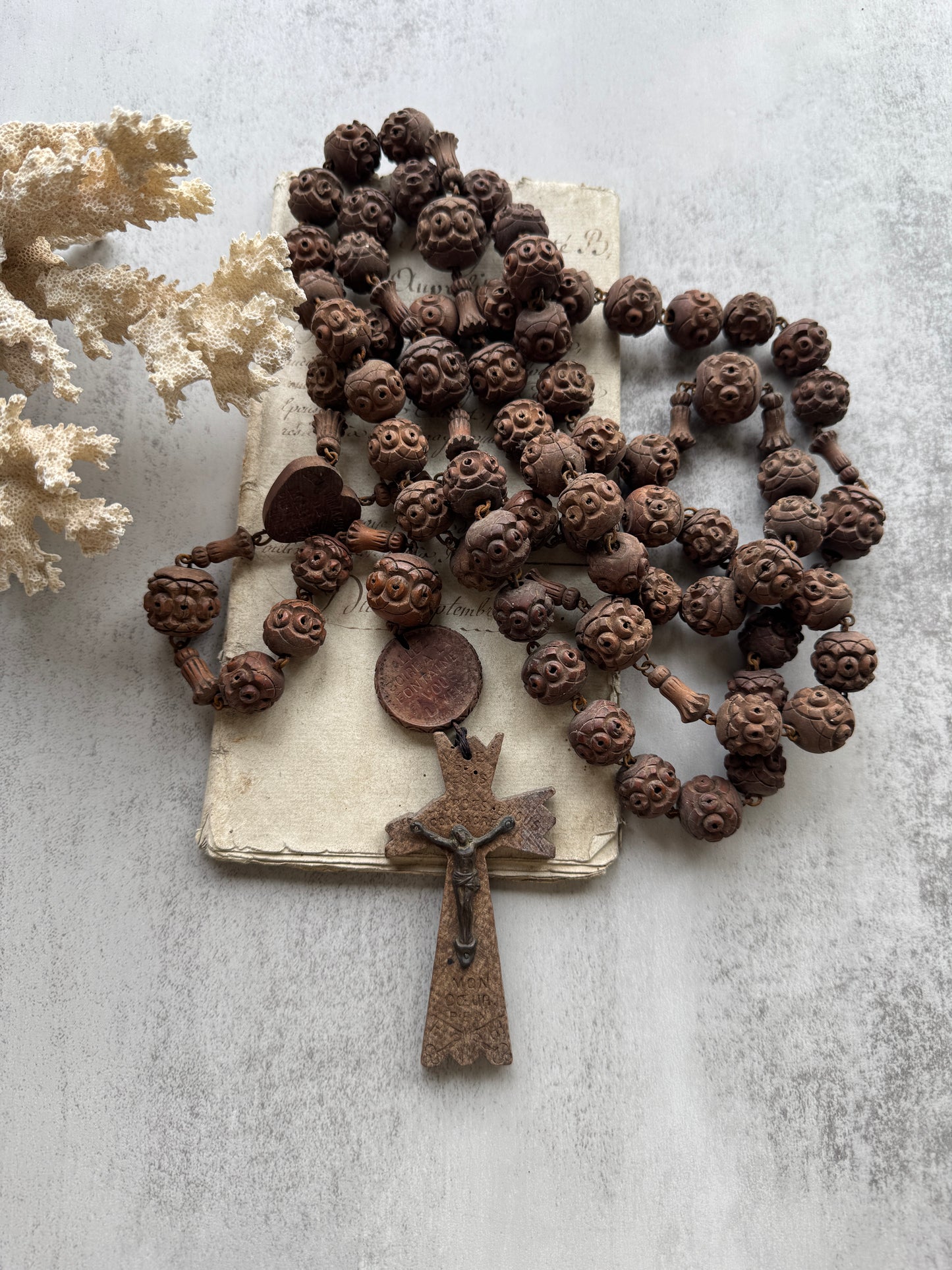 Antique French Carved Wood Beads from Lourdes, Large Oversized, Nuns Rosary