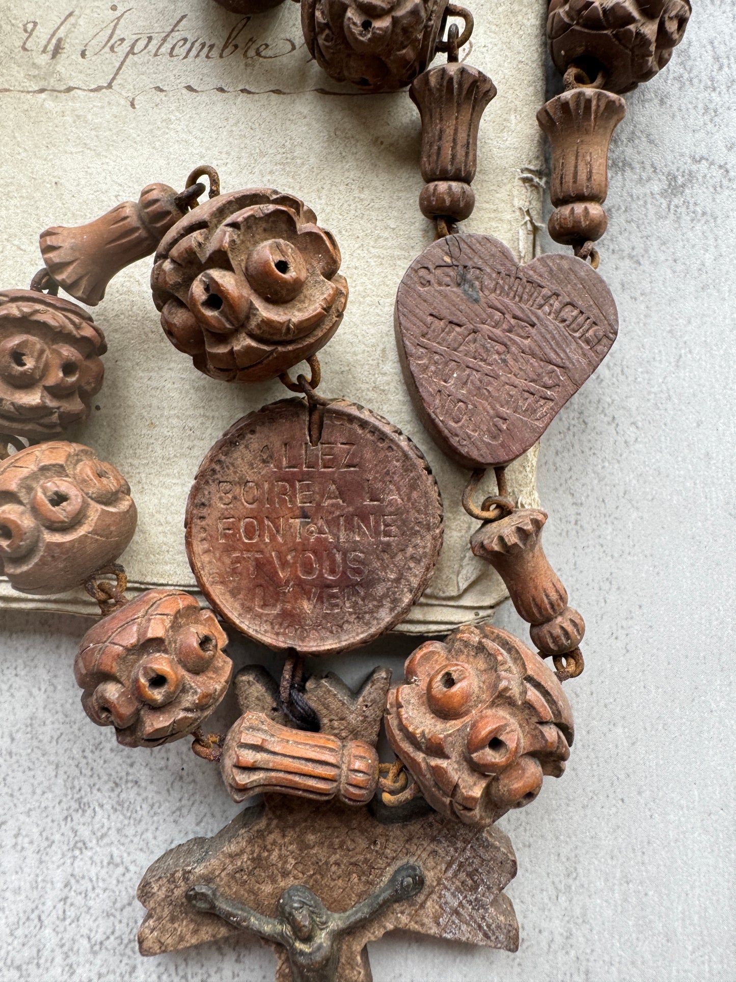 Antique French Carved Wood Beads from Lourdes, Large Oversized, Nuns Rosary