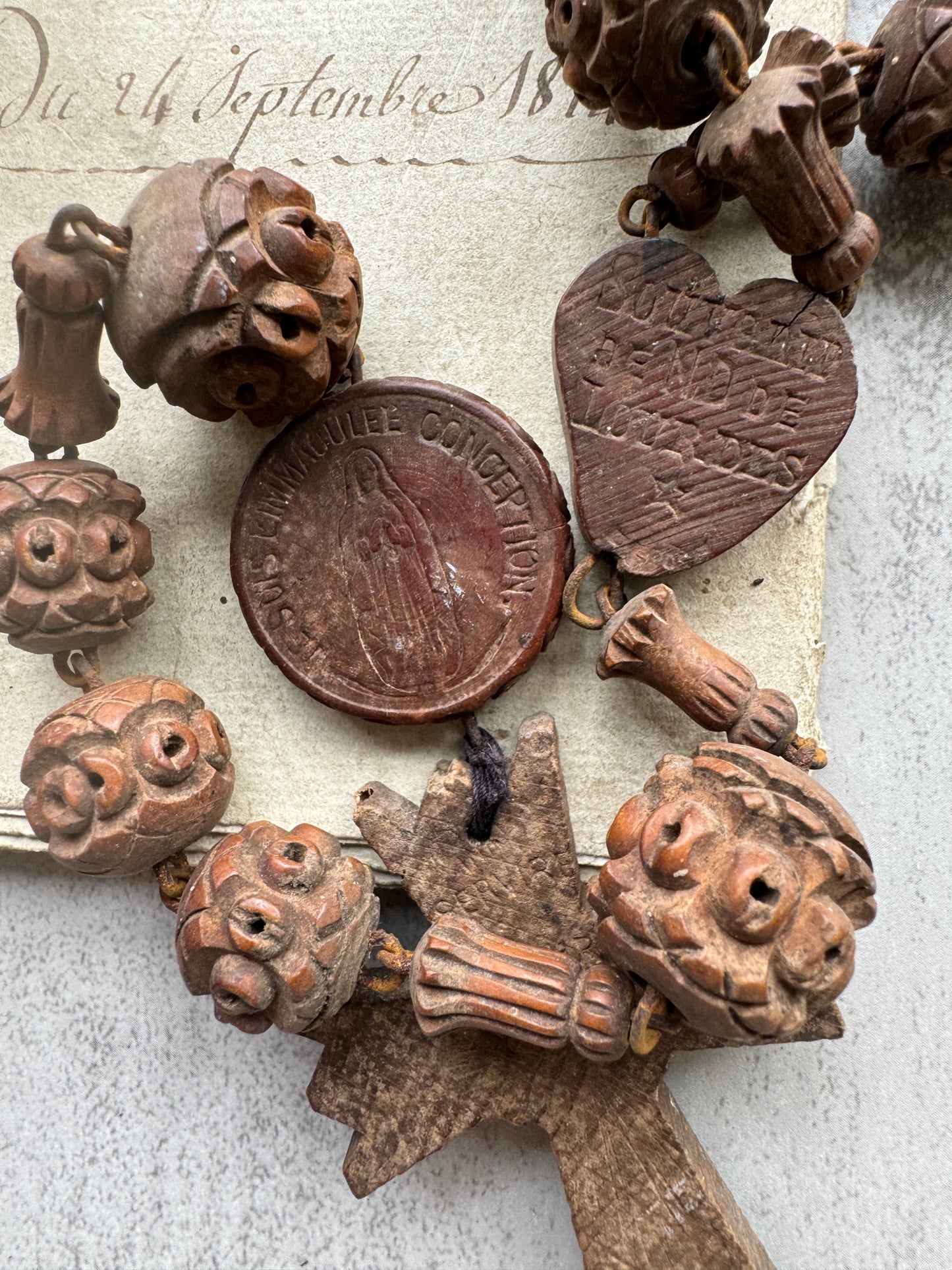 Antique French Carved Wood Beads from Lourdes, Large Oversized, Nuns Rosary