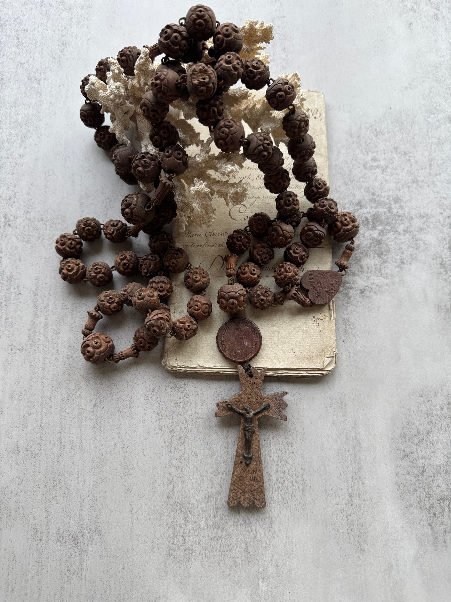 Antique French Carved Wood Beads from Lourdes, Large Oversized, Nuns Rosary