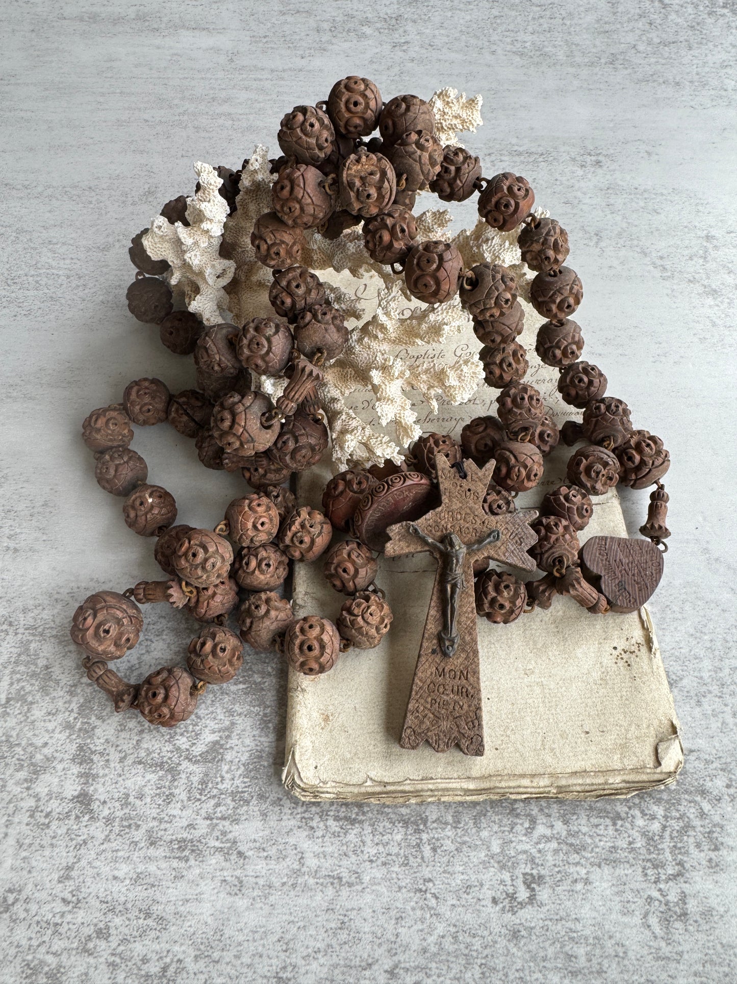 Antique French Carved Wood Beads from Lourdes, Large Oversized, Nuns Rosary