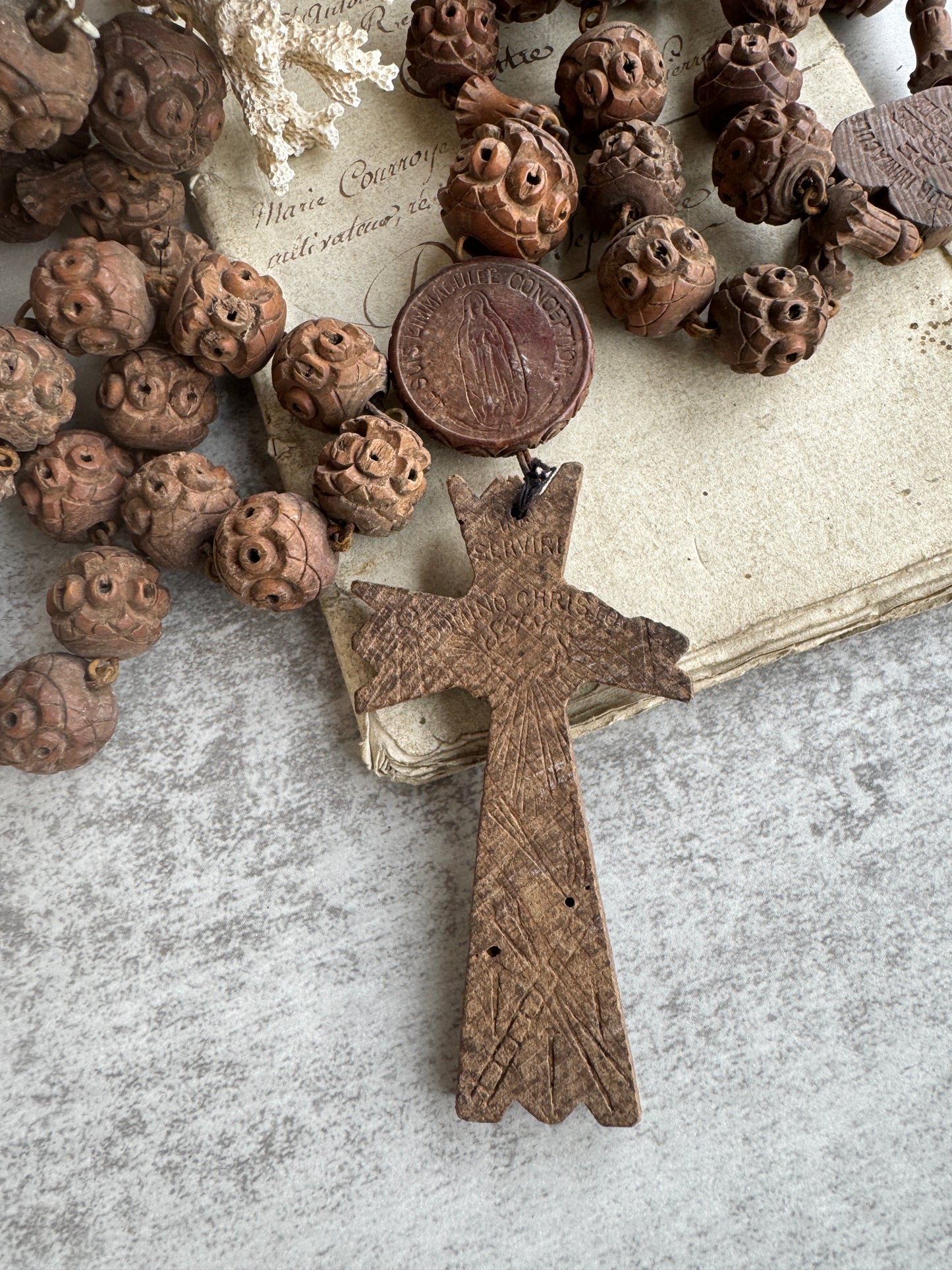 Antique French Carved Wood Beads from Lourdes, Large Oversized, Nuns Rosary