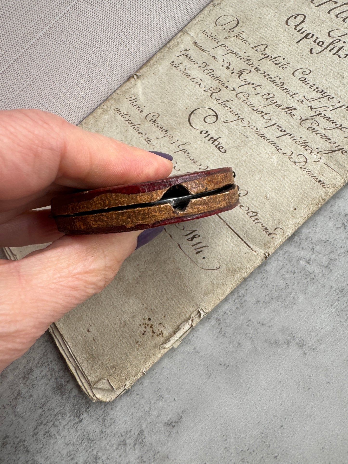 Antique 19th Century Miniature Portrait in Original Leather Case, Hand Painted