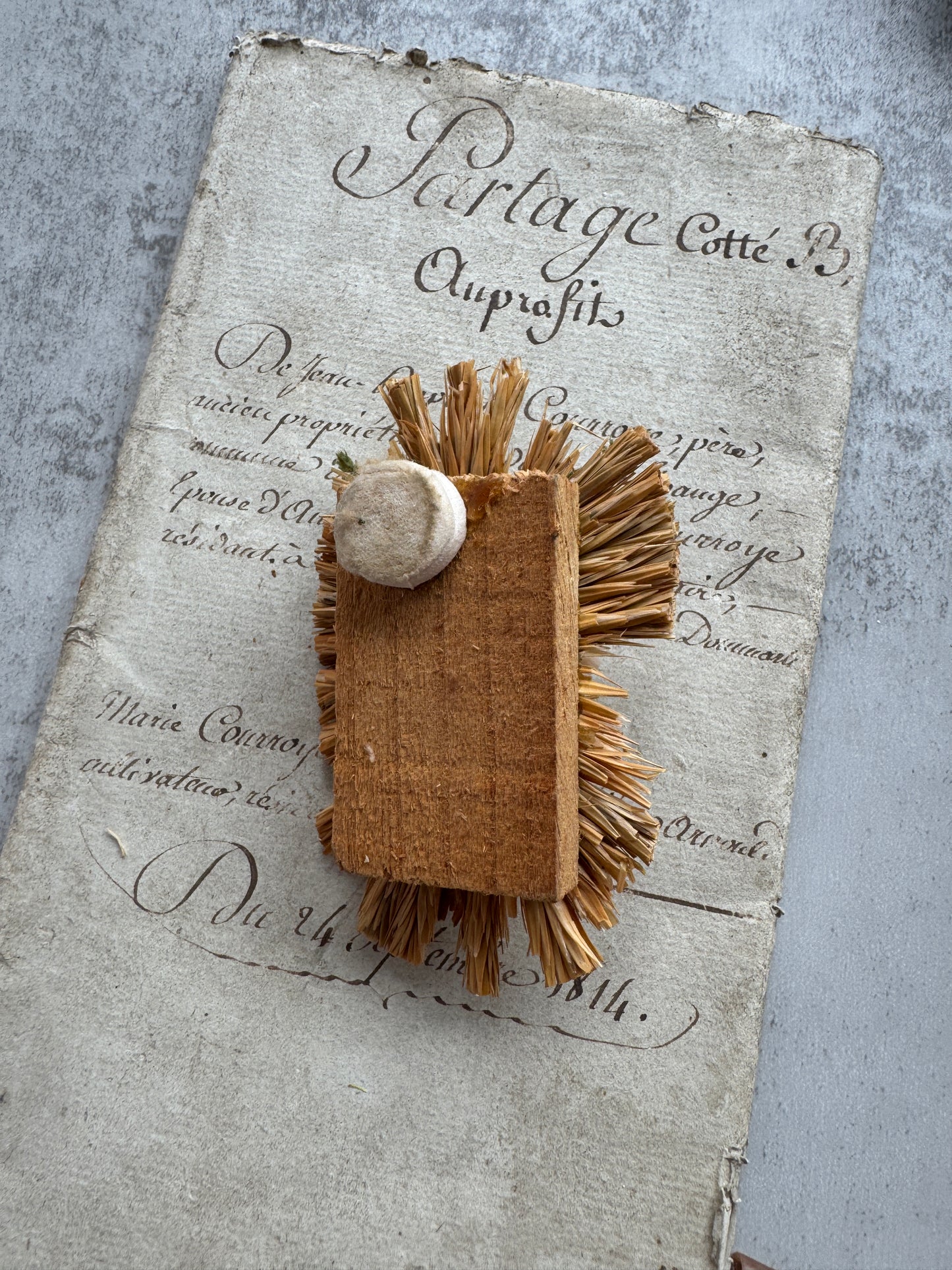 Antique French Nativity Figurine, Baby Jesus in Straw Cradle