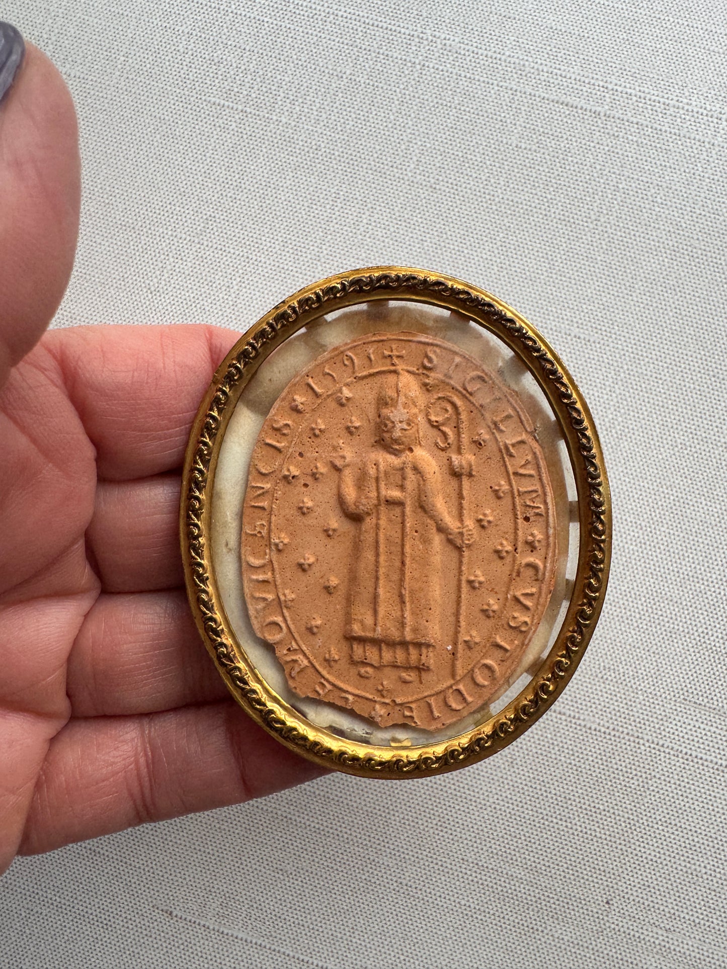 Antique Ecclesiastical Seal Impression in Gilded Oval Frame