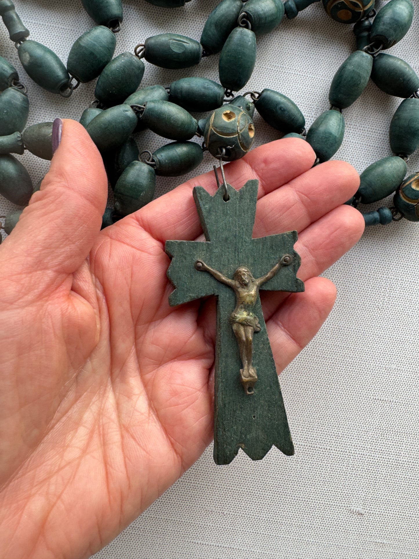 Large French Rosary with Carved Wooden Beads and Cross, Prayer Beads, Oversized