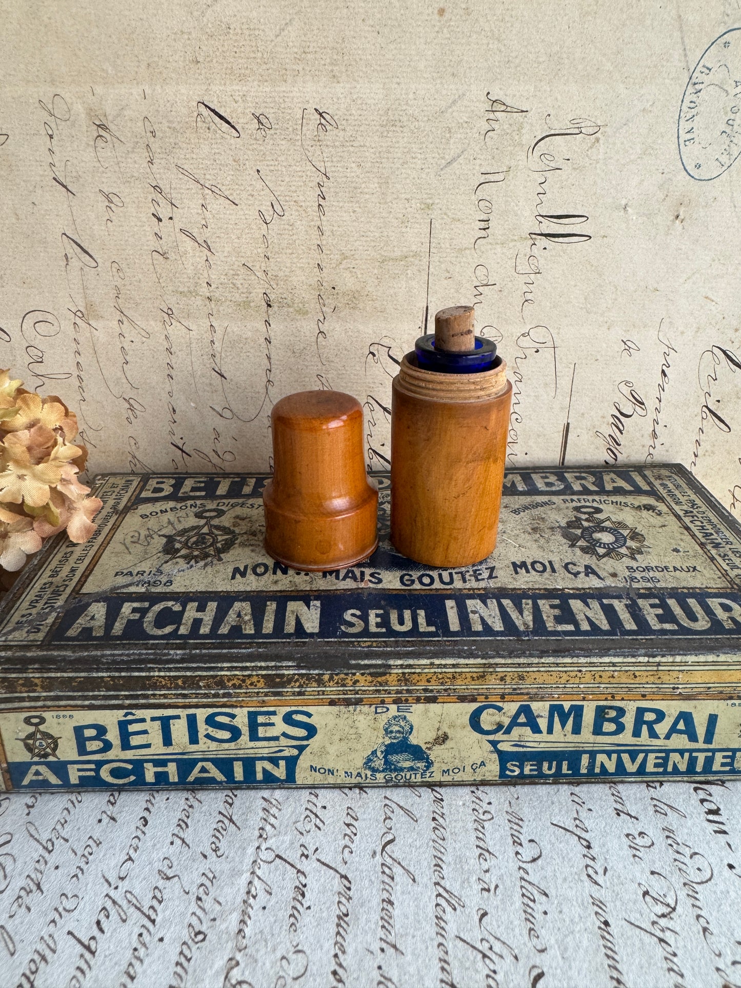 Antique Cobalt Blue Apothecary Bottle in Turned Wood Case