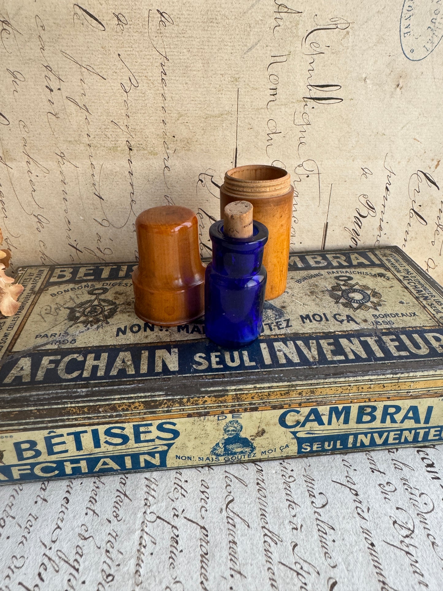 Antique Cobalt Blue Apothecary Bottle in Turned Wood Case