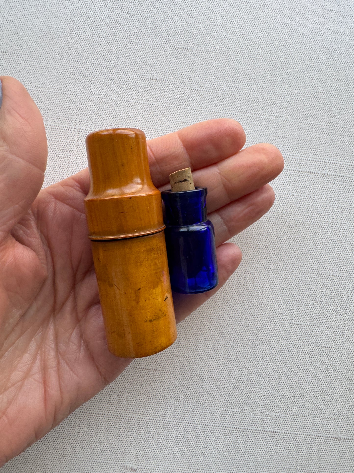 Antique Cobalt Blue Apothecary Bottle in Turned Wood Case