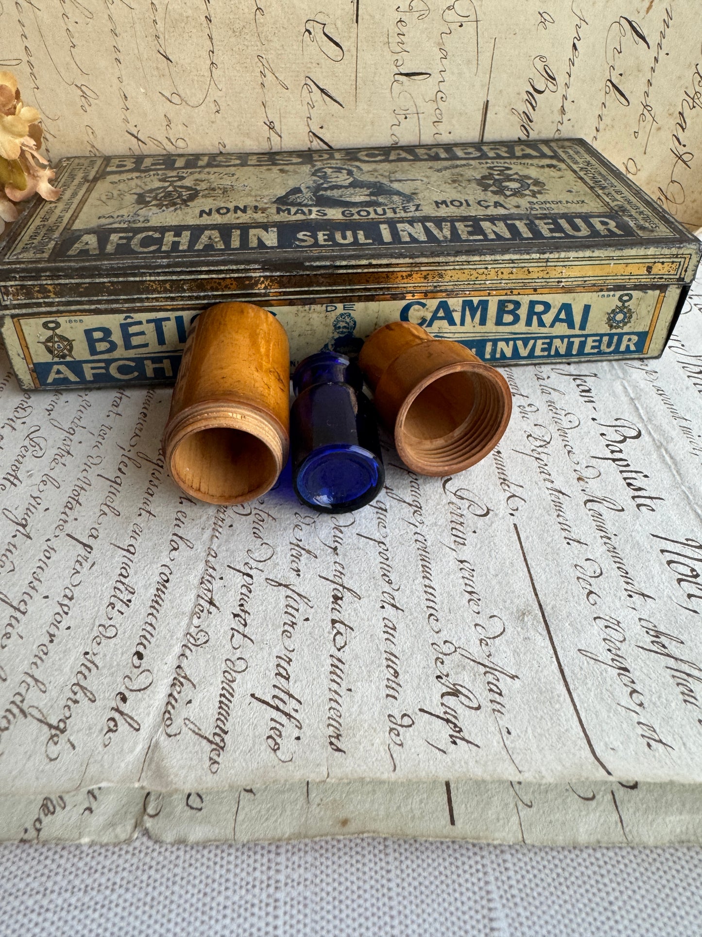 Antique Cobalt Blue Apothecary Bottle in Turned Wood Case